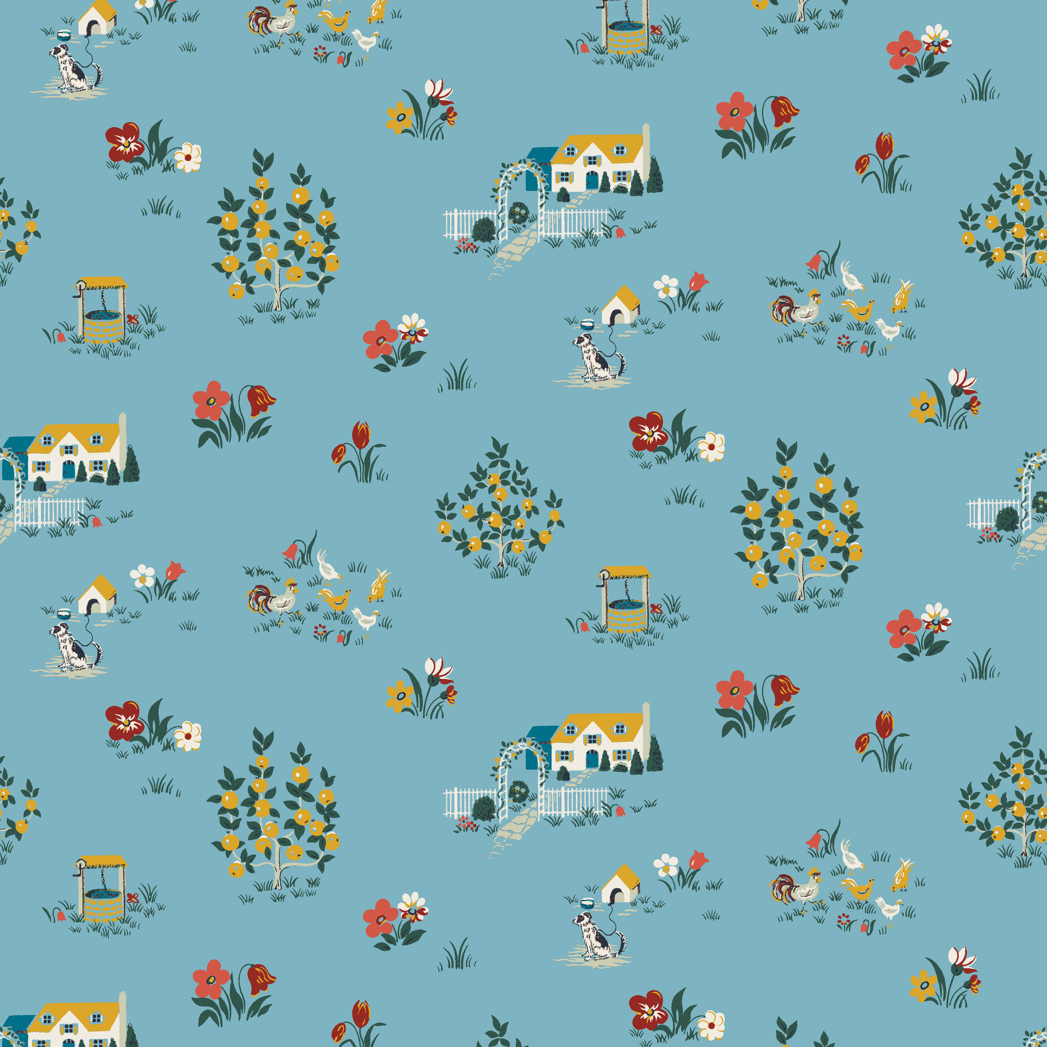 Blue-gray background with repeating folk art pattern of small cottages, white geese, floral clusters, and colorful tulips in yellow and red. tiled preview square