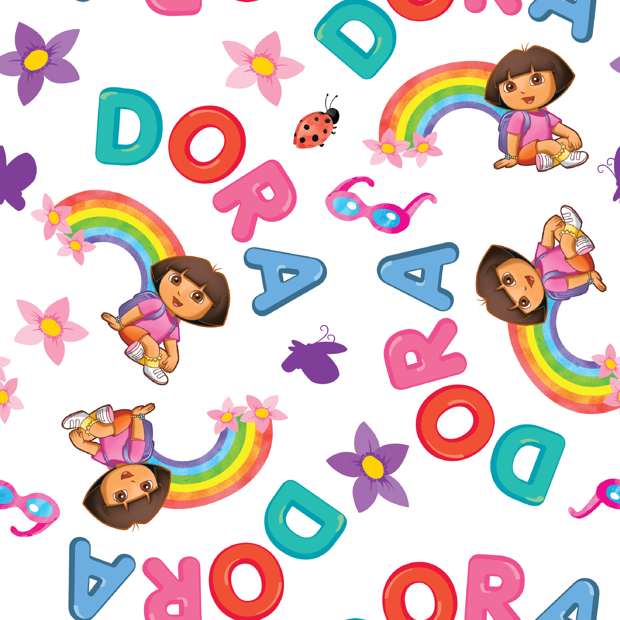 Colorful Dora pattern with rainbows, flowers, alongside scattered "DORA" letters on white background. tiled preview square
