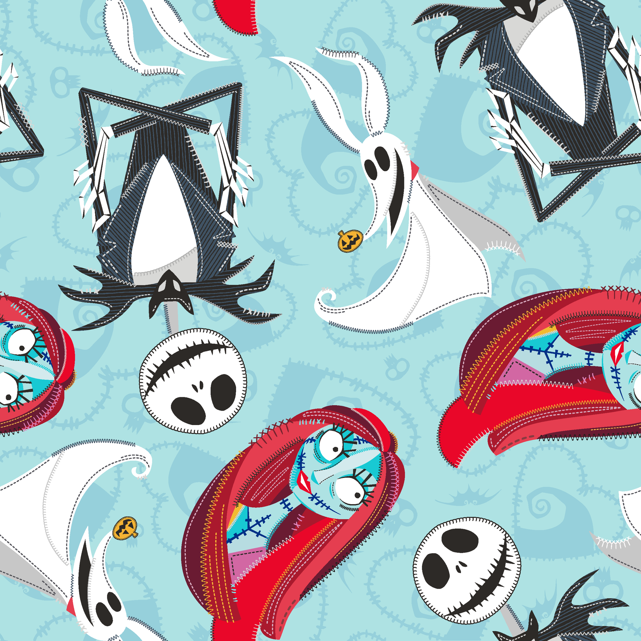 Nightmare Before Christmas pattern with Jack Skellington, Zero ghost dog, and coffin shapes on light blue background tiled preview square