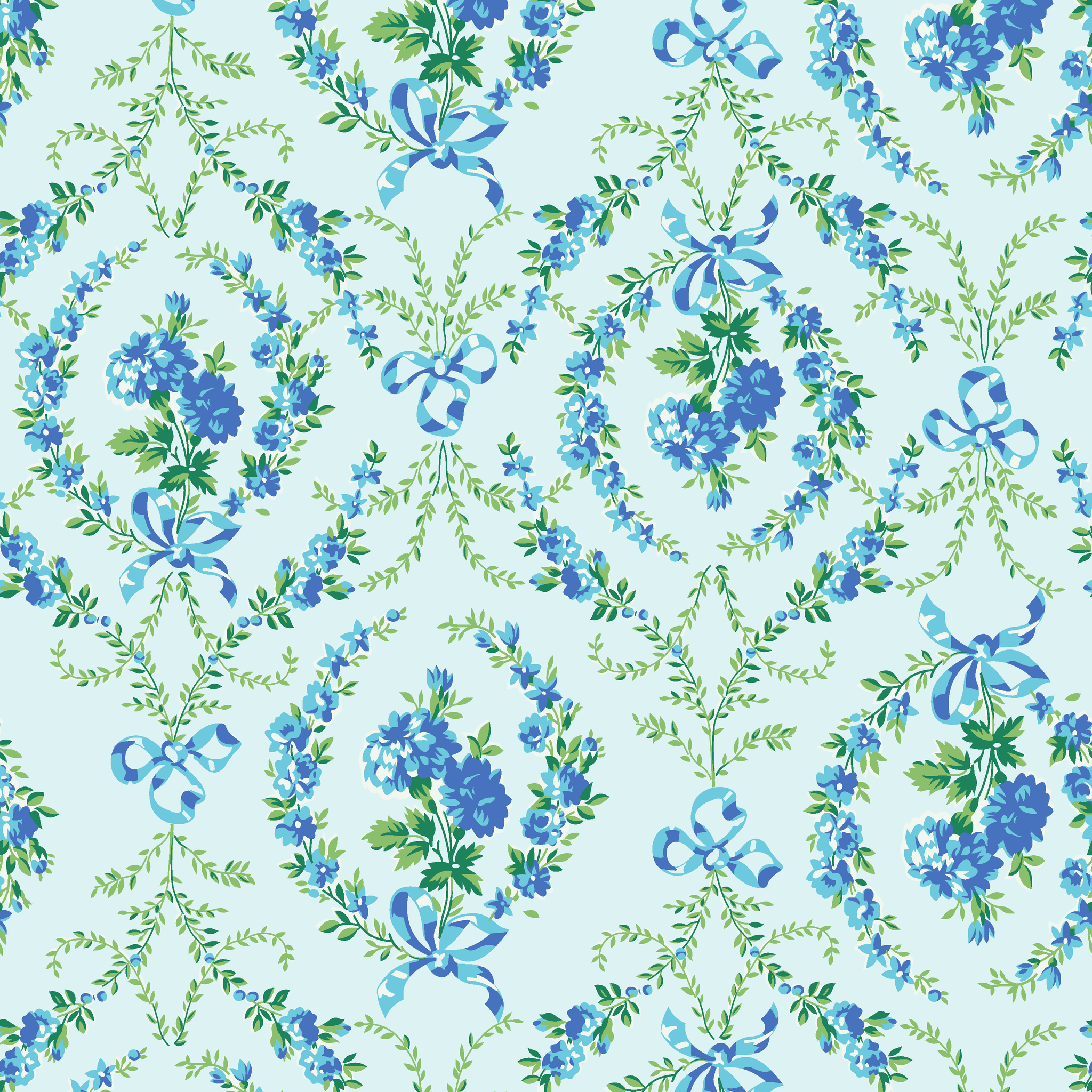 Blue floral pattern with diamond lattice design featuring delicate ribbons and green foliage on light background tiled preview square