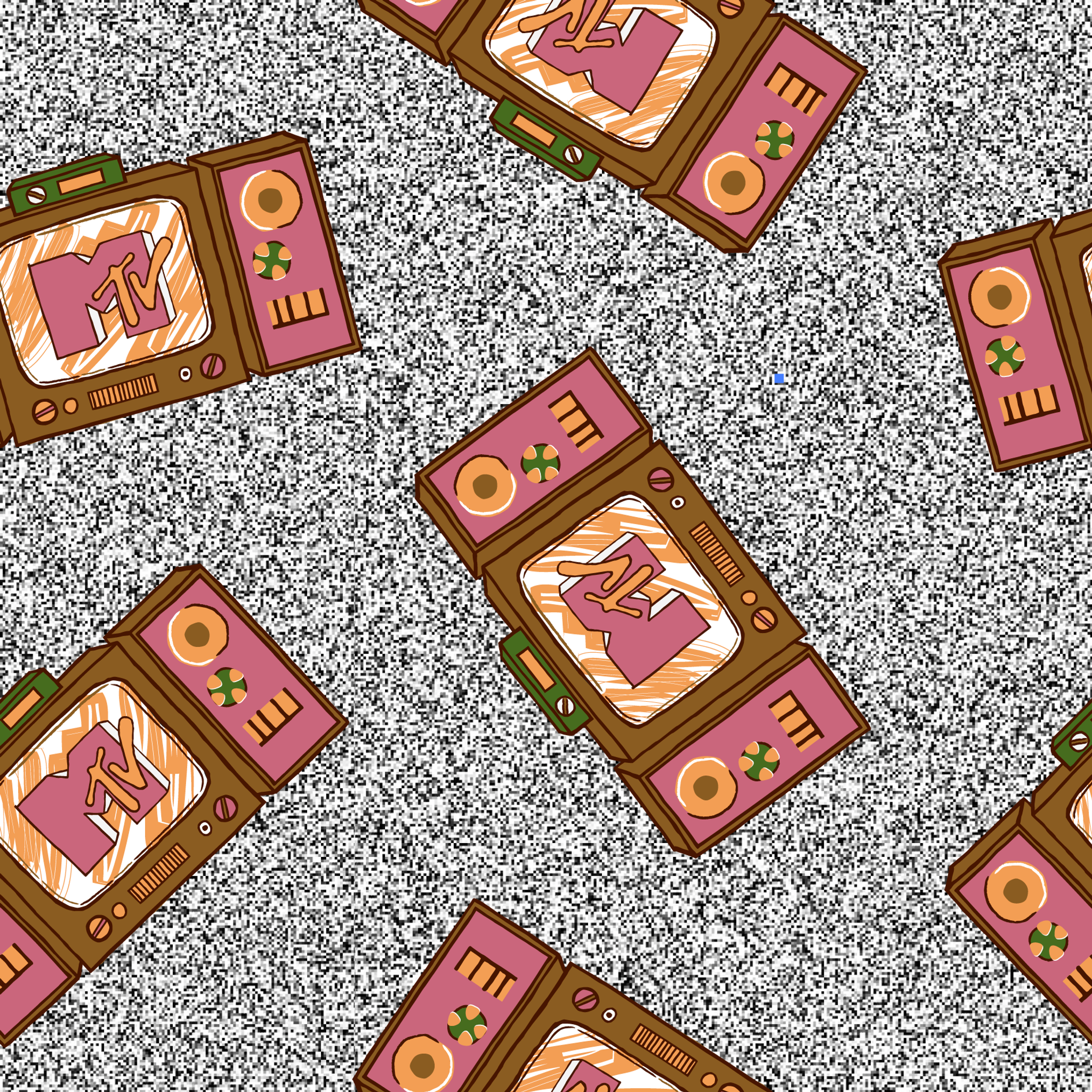 Pink and brown retro televisions with the MTV logo over a grainy gray static background in a scattered repeat. tiled preview square
