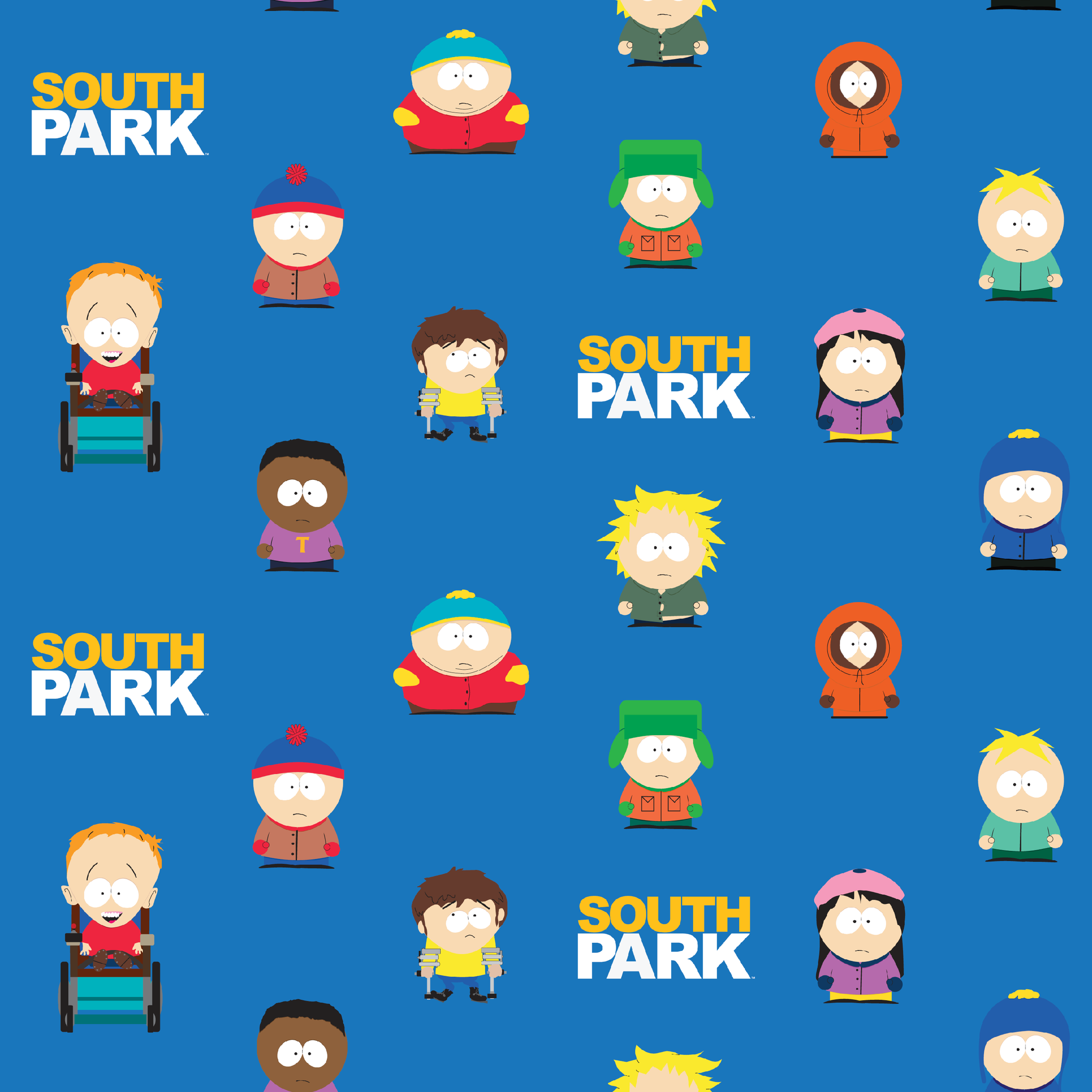 Stan, Kyle, Cartman, Kenny, Butters, Tweek, Jimmy, Wendy, Token, and other South Park characters with the show’s logo on a bright blue background in a scattered repeat. tiled preview square