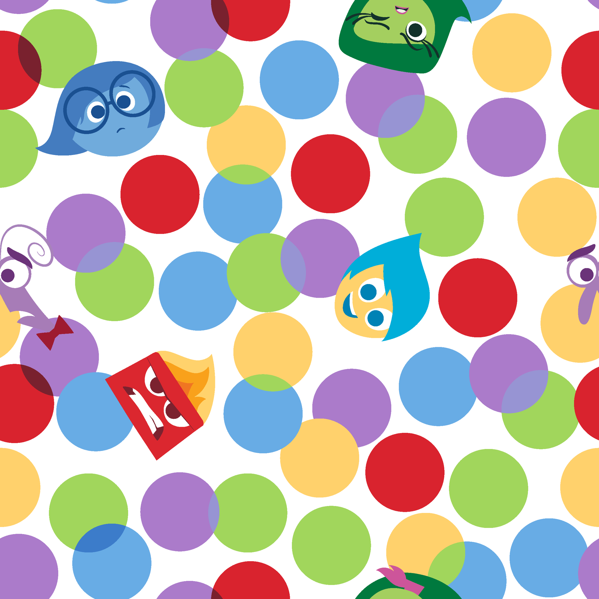 Colorful pattern with Inside Out characters scattered among multicolored polka dots tiled preview square
