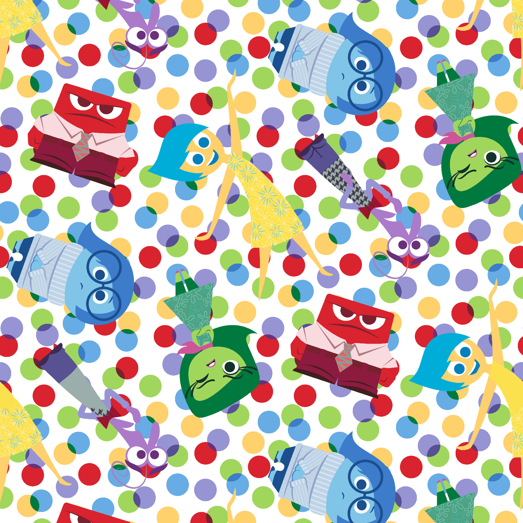 Colorful pattern of animated character heads from Inside Out movie on polka dot background tiled preview square