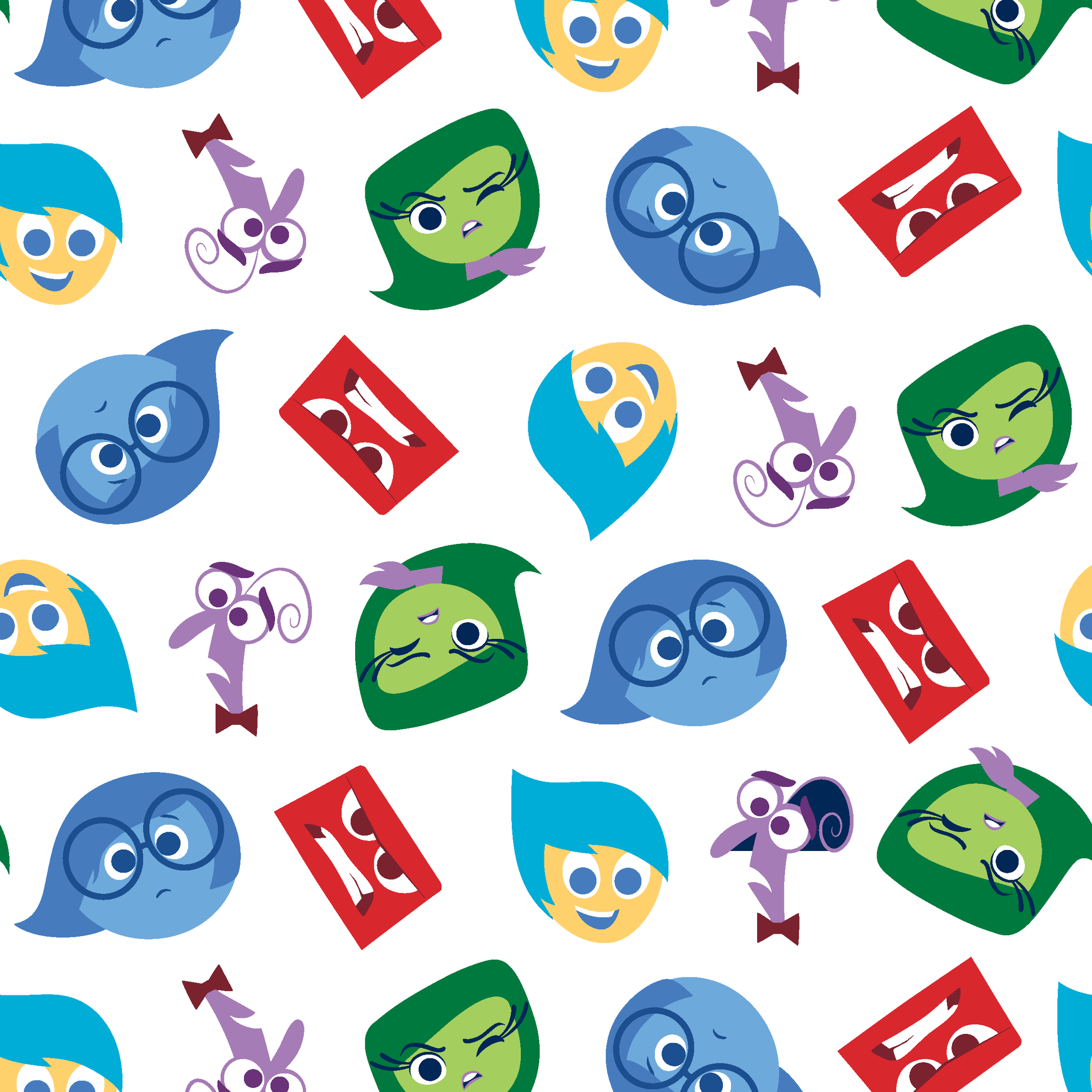 Colorful pattern of Inside Out characters - Joy, Sadness, Anger, Disgust, and Fear tiled preview square
