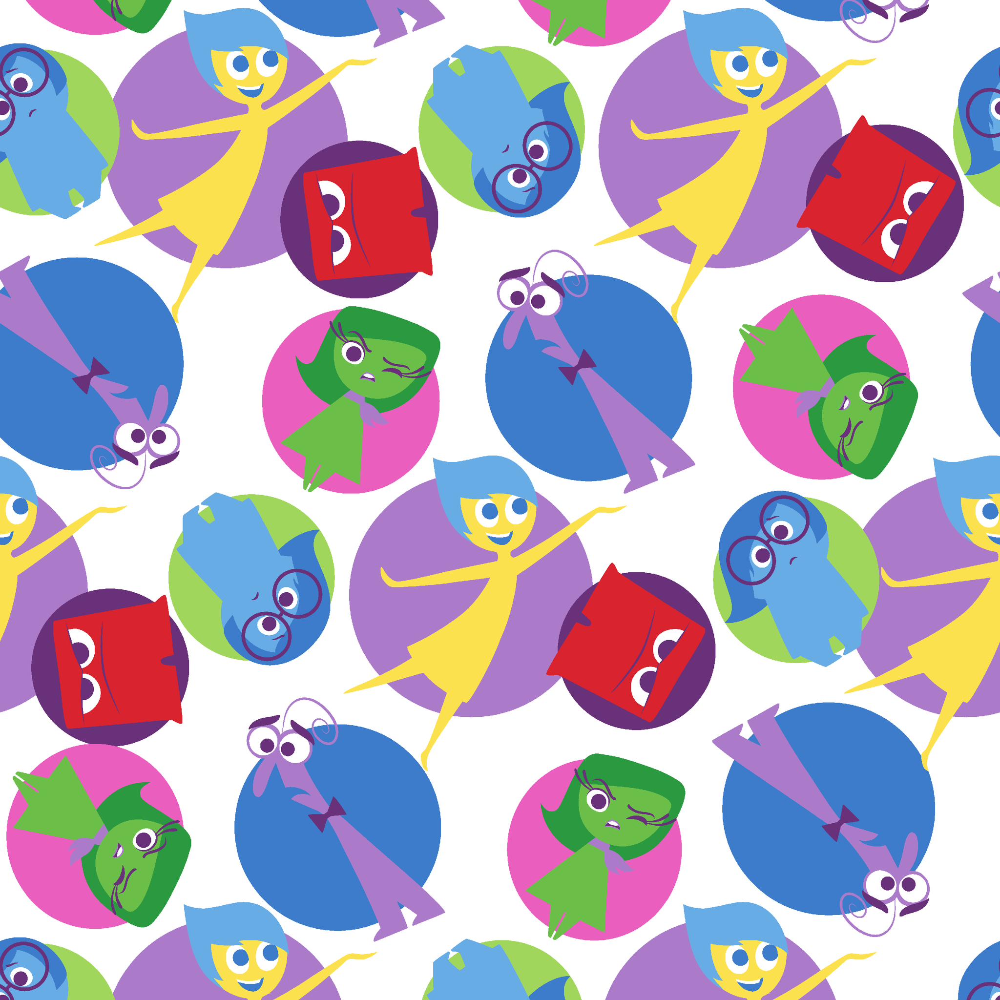 Colorful pattern of Inside Out characters with expressive eyes in overlapping purple, blue, red, and green circles tiled preview square