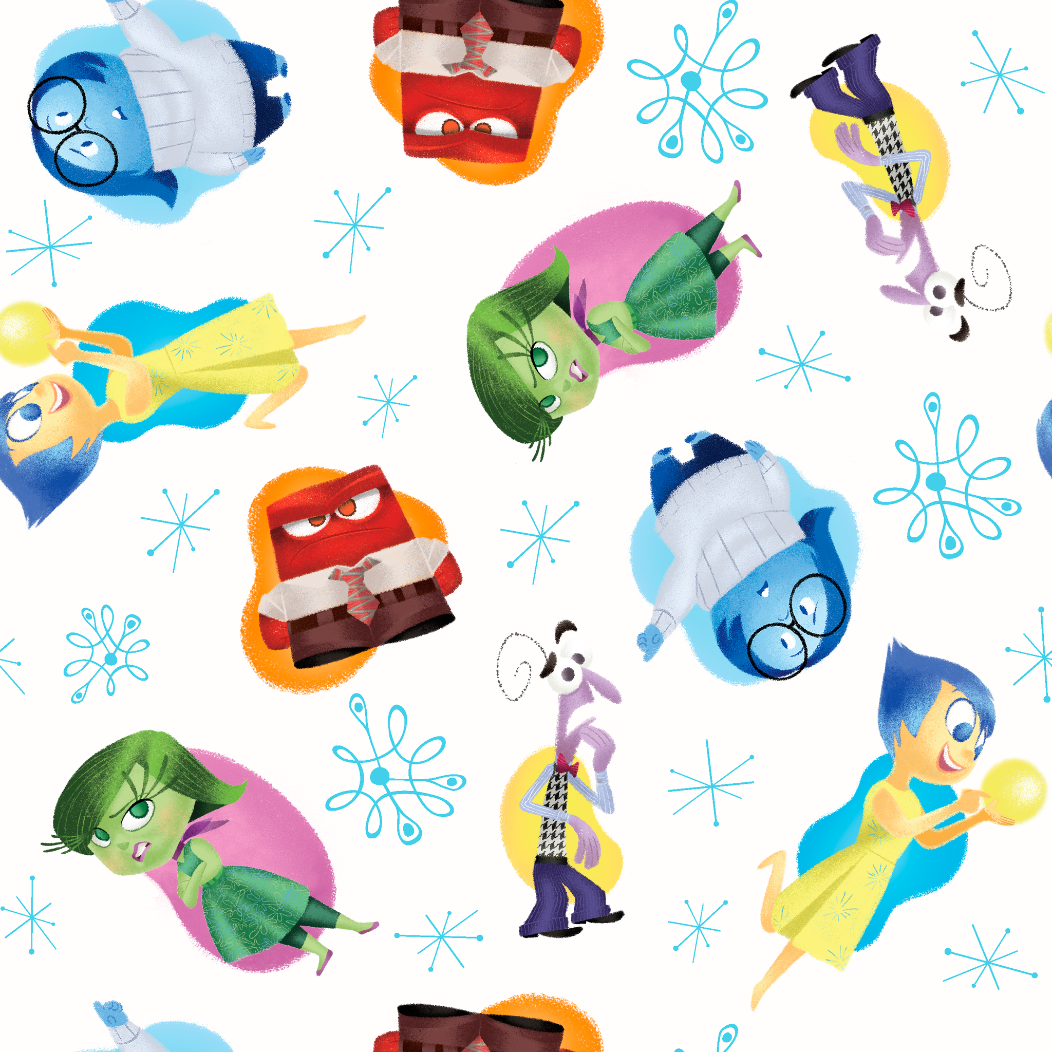 Colorful pattern of cartoon Inside Out characters with snowflake accents on white background tiled preview square