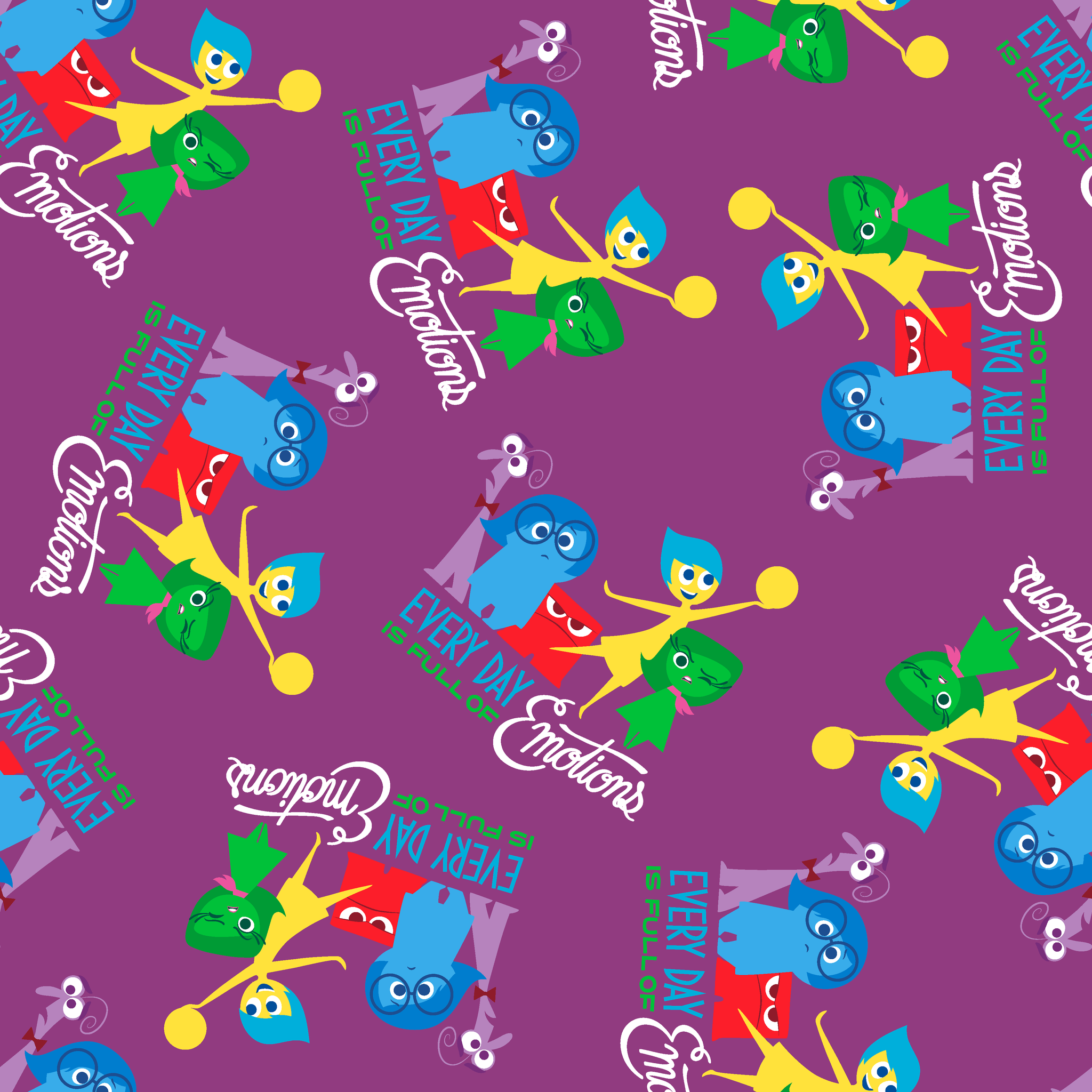 Purple background with repeating pattern of Inside Out characters - Joy, Sadness, Anger, Disgust, Fear, and text elements. tiled preview square