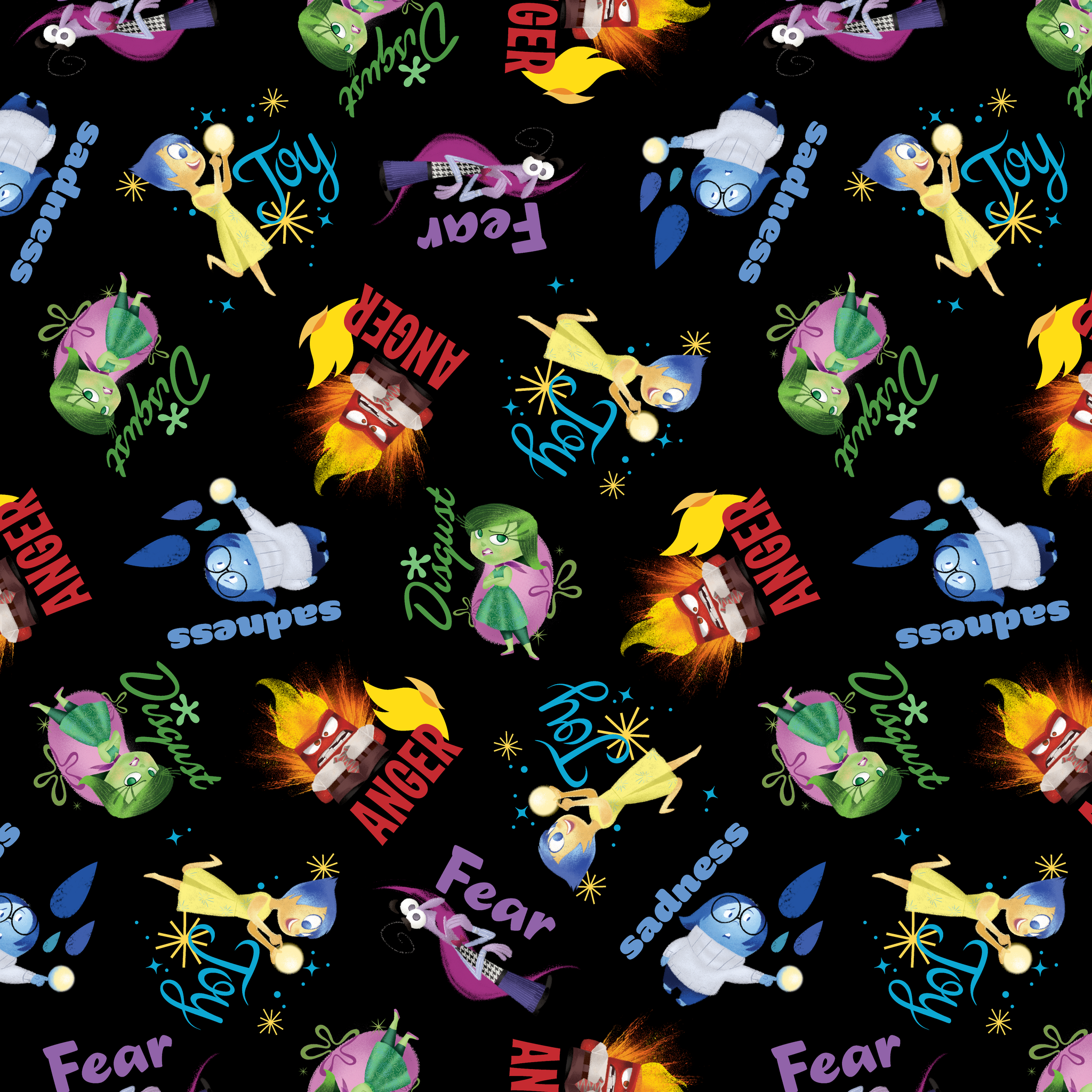 Colorful Pixar pattern on black background with Inside Out characters and emotion words like "Fear tiled preview square