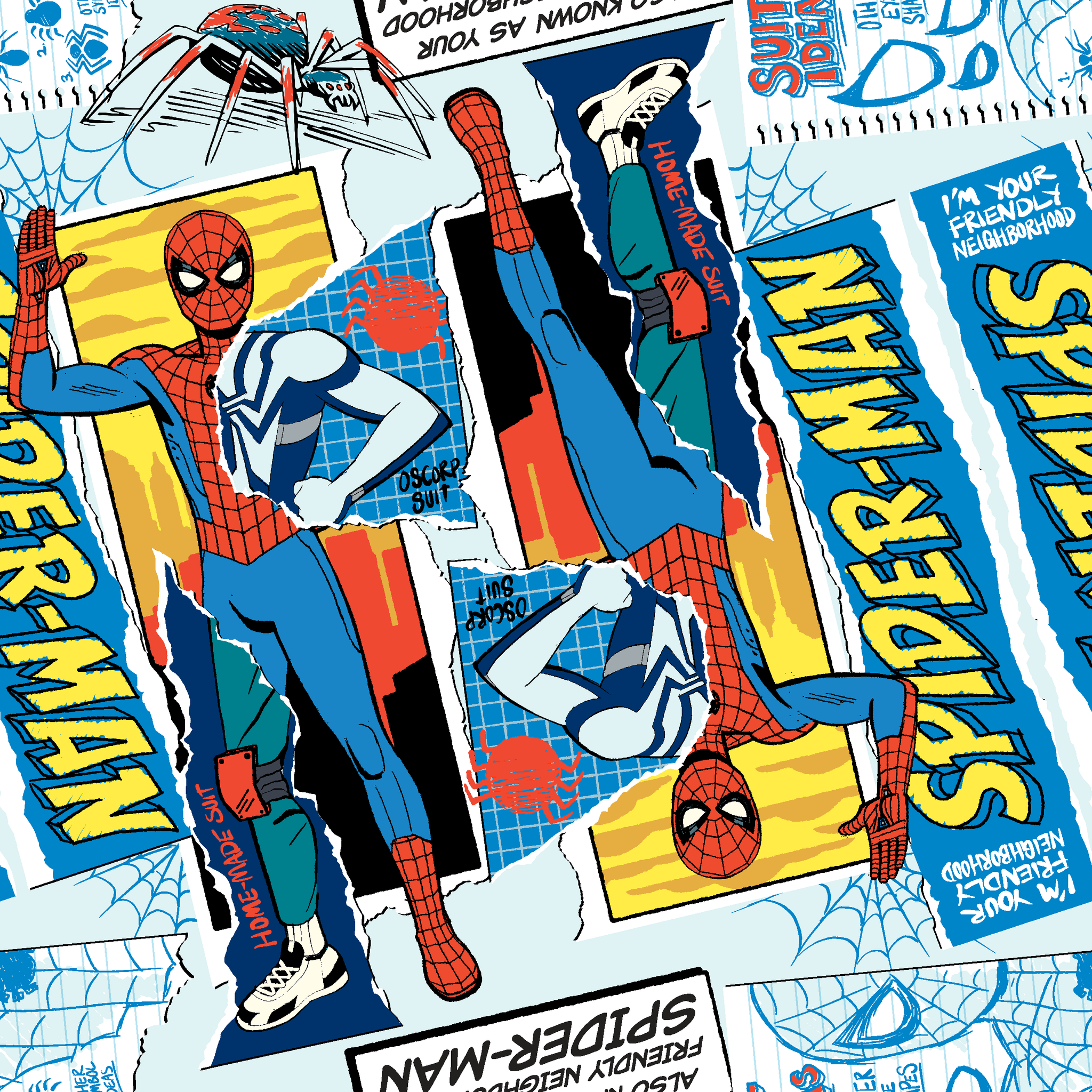 Spider-Man comic book style pattern with red and blue superheroes in action poses against web-themed background tiled preview square