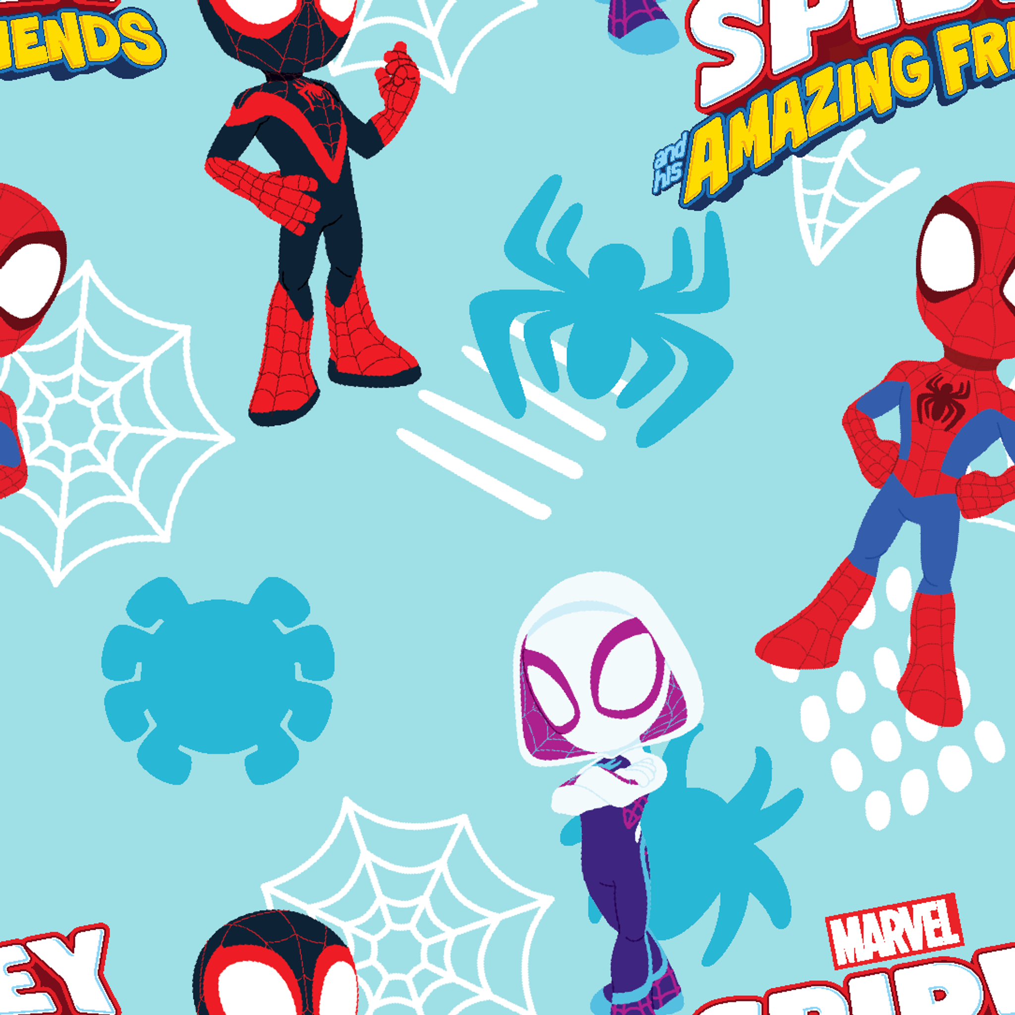 Marvel Spider-Man cartoon characters on blue background with spider webs and logos, featuring different Spider-Man costume variants. tiled preview square