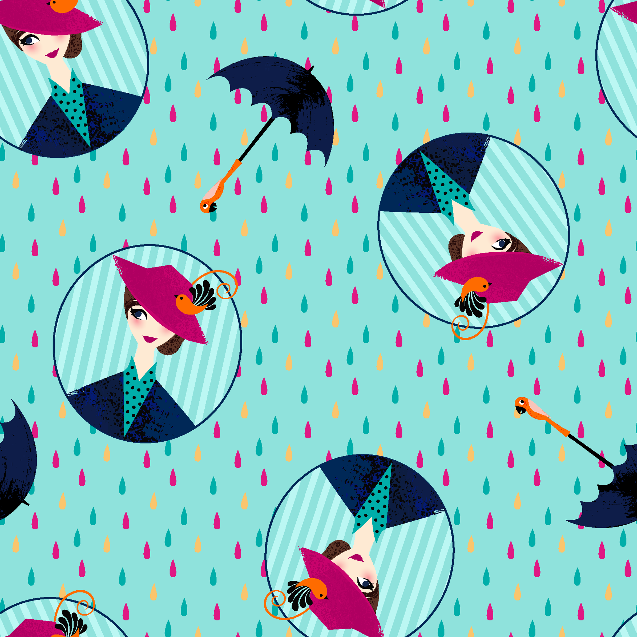 Colorful rainy pattern with Mary Poppins holding umbrellas in circular frames on turquoise background with pink raindrops tiled preview square