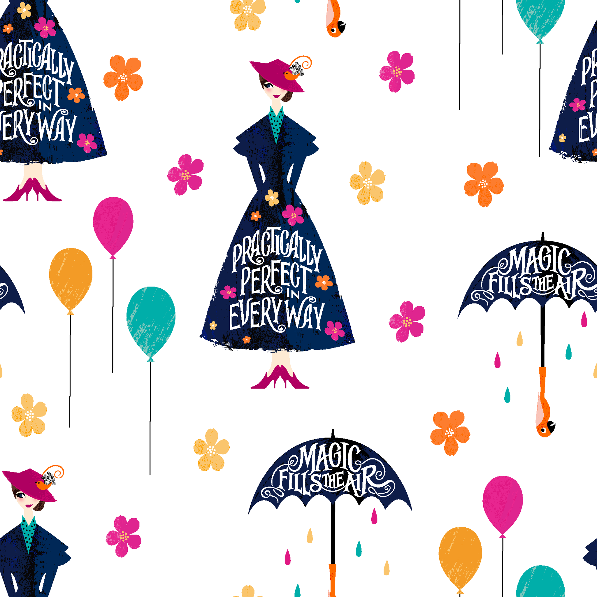 Colorful pattern with Mary Poppins-inspired silhouettes, umbrellas, balloons, and flowers on white background tiled preview square