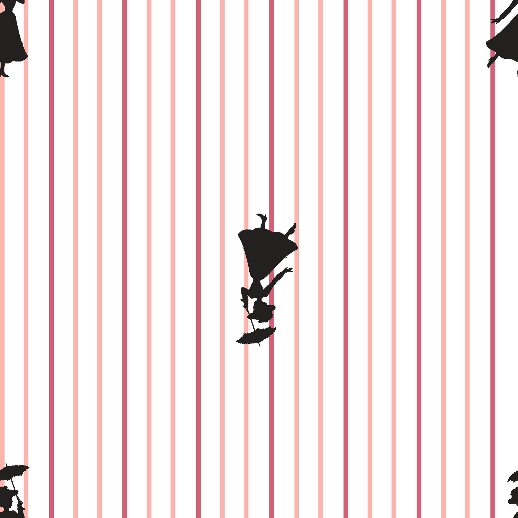 Mary Poppins silhouette figures on white background with thin pink vertical stripes tiled preview square