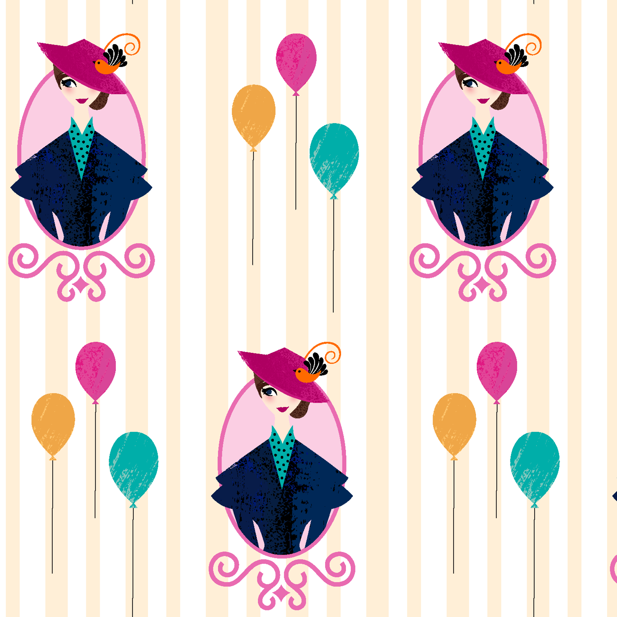 Mary Poppins displayed in decorative frames with colorful balloons against striped background tiled preview square