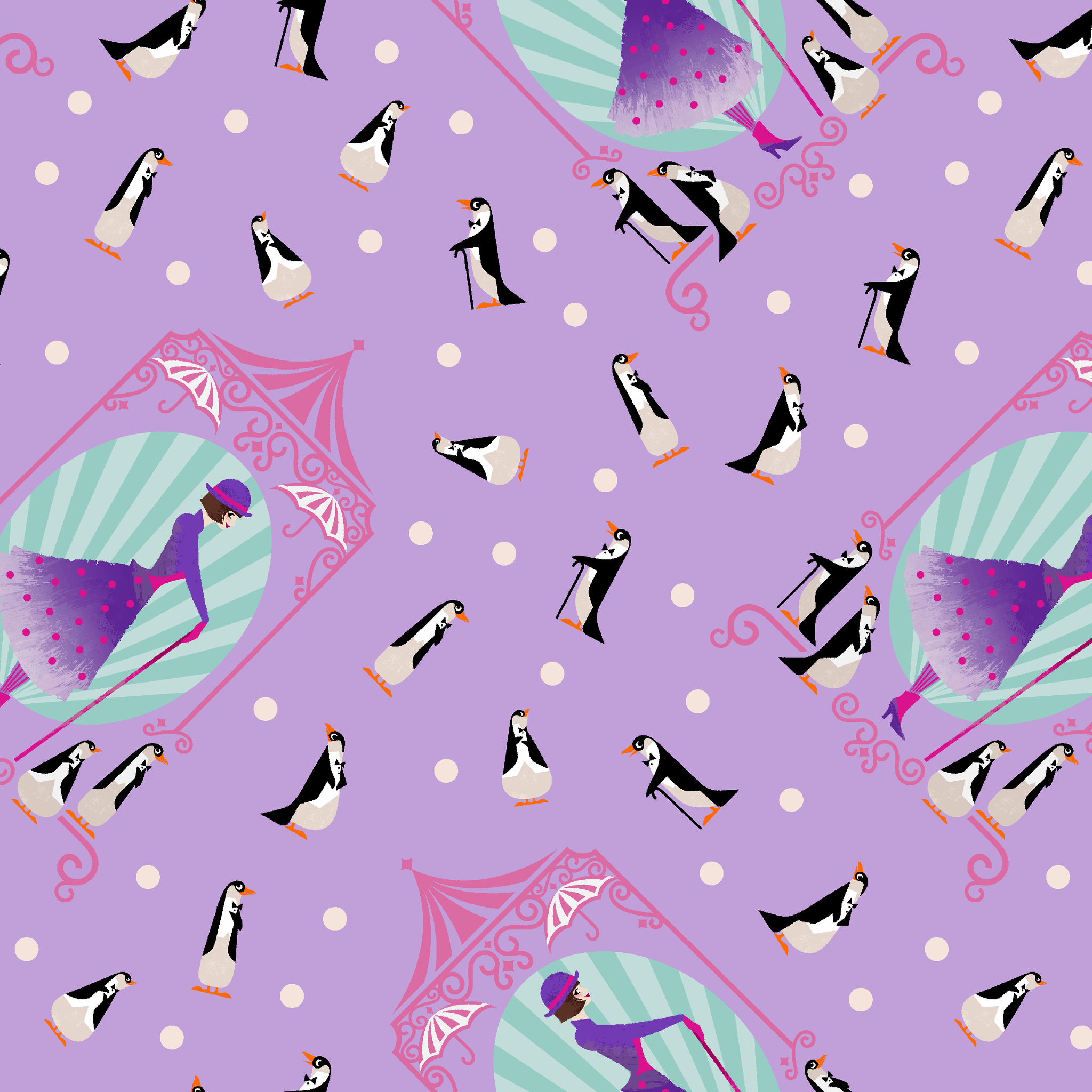 Playful pattern of penguins, Mary Poppins, and purple umbrellas on lavender background with white polka dots tiled preview square
