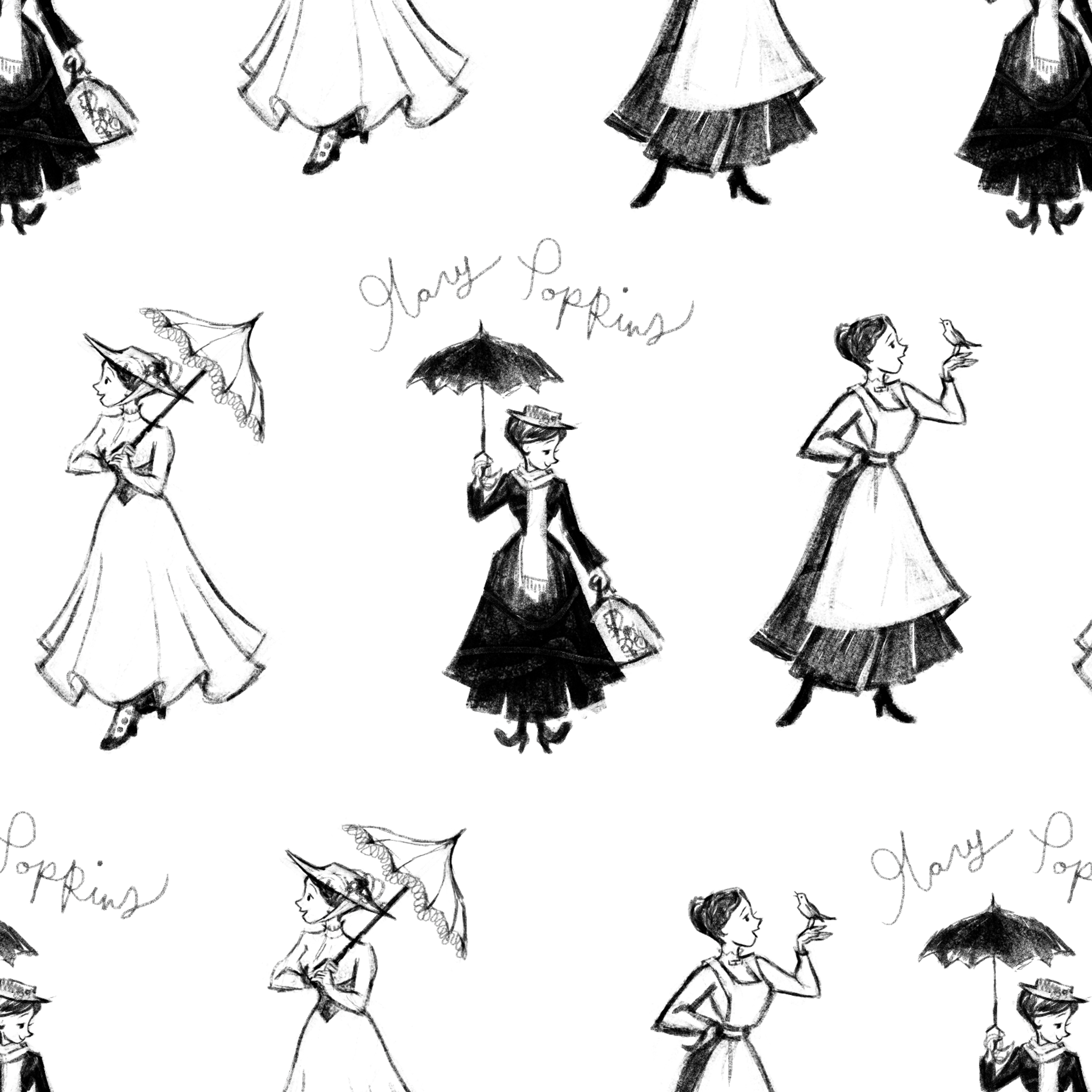 Sketchy illustration pattern of Mary Poppins, shown in various poses in black and white tiled preview square