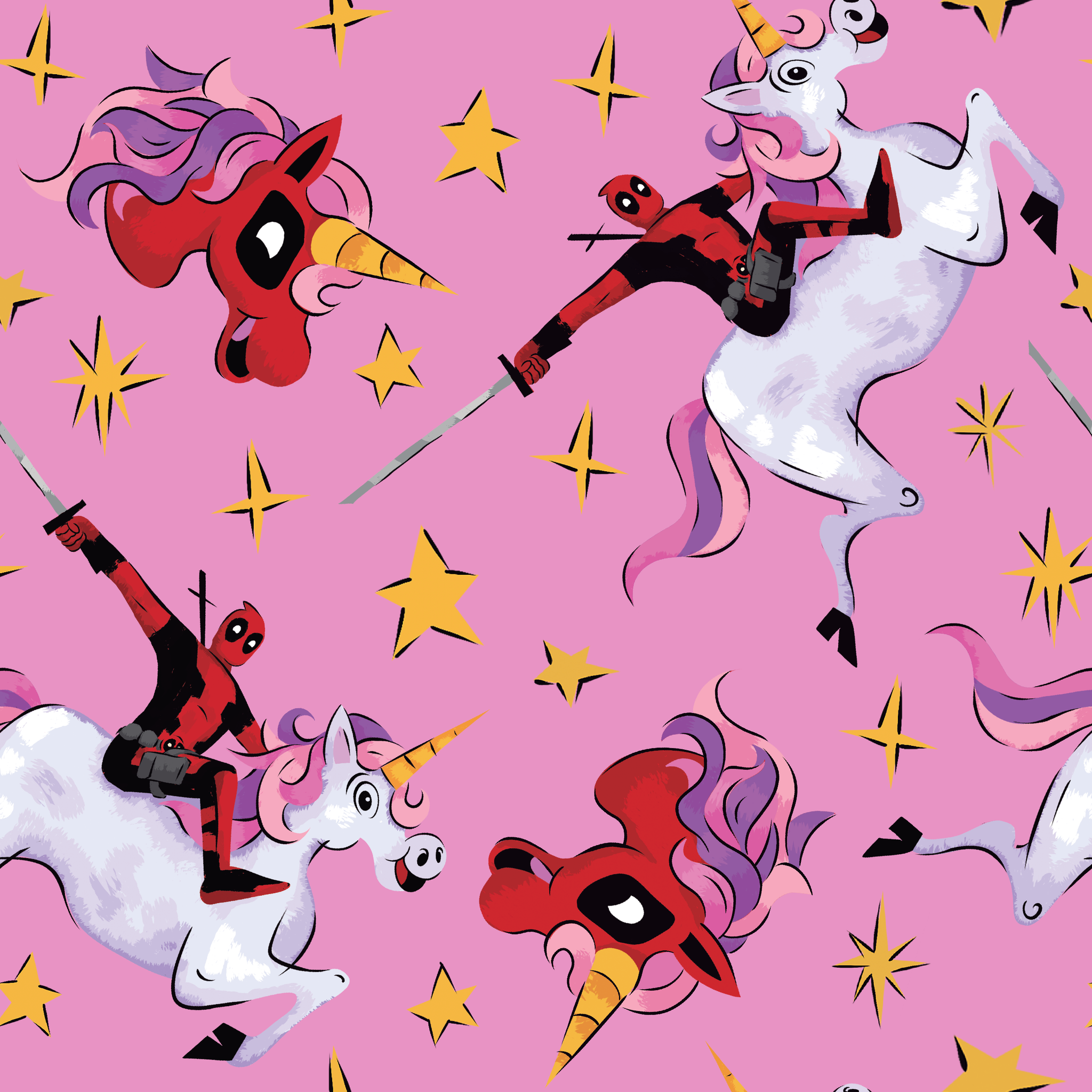 Cartoon character in red riding white unicorns with purple manes against pink starry background tiled preview square