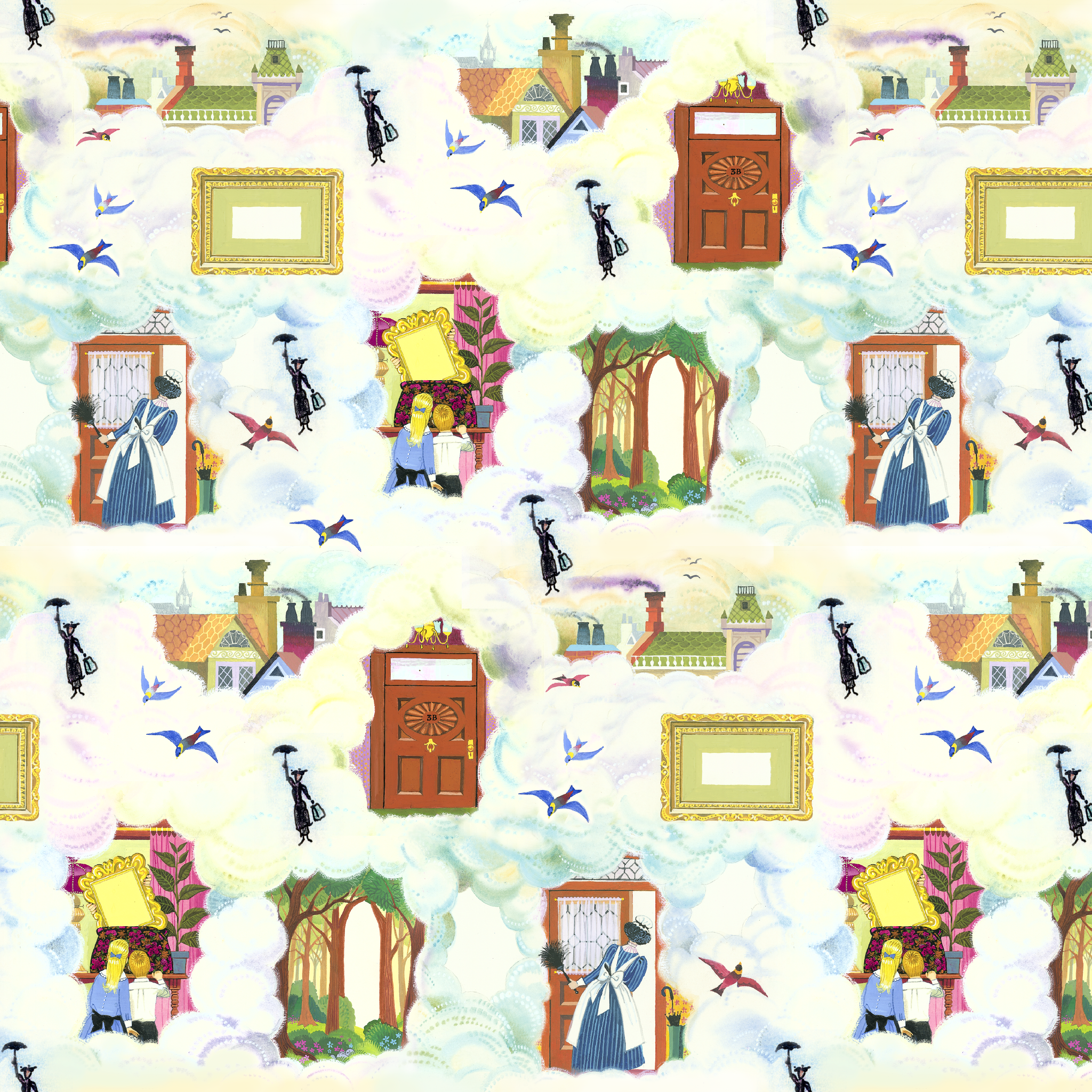 Whimsical pattern with colorful illustrated doorways, frames, and Mary Poppins with umbrellas on a pale blue background tiled preview square