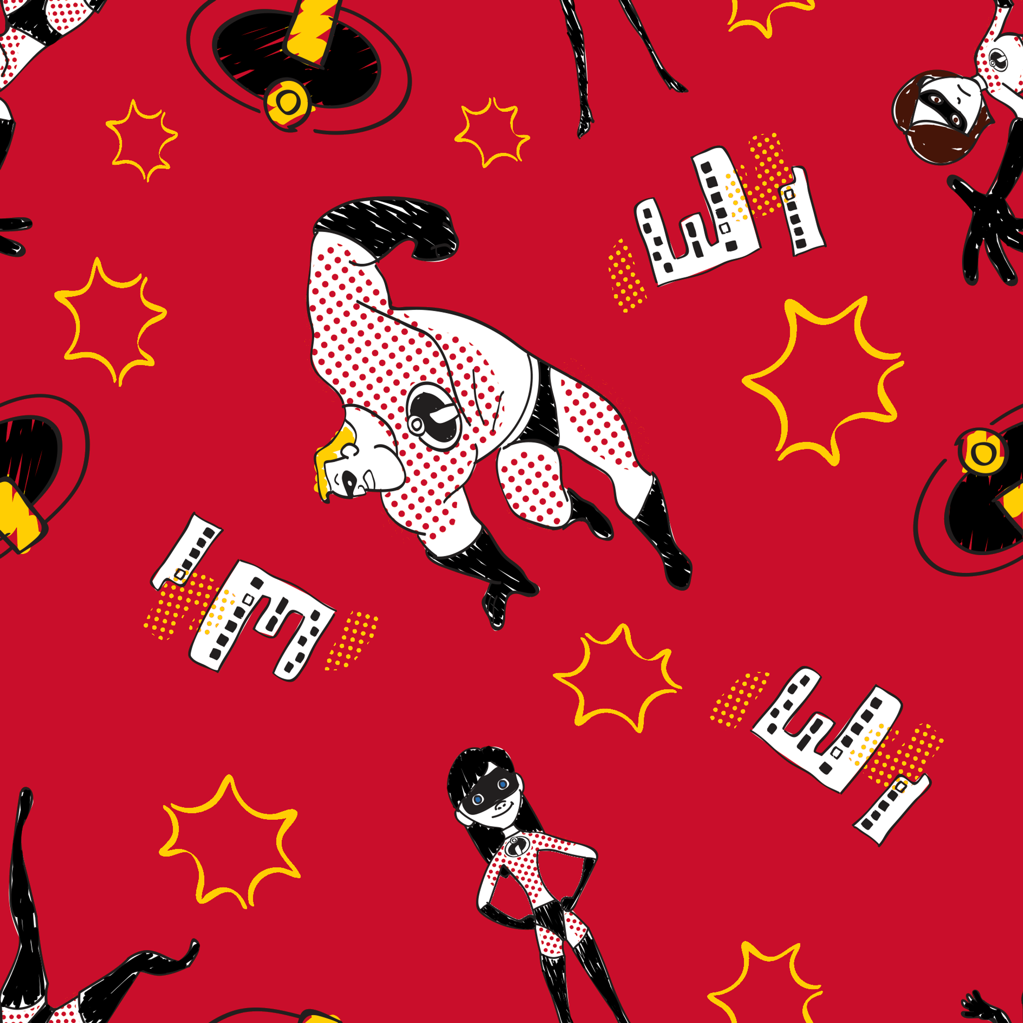 Red background pattern with The Incredibles, yellow stars, and comic book style graphic elements tiled preview square