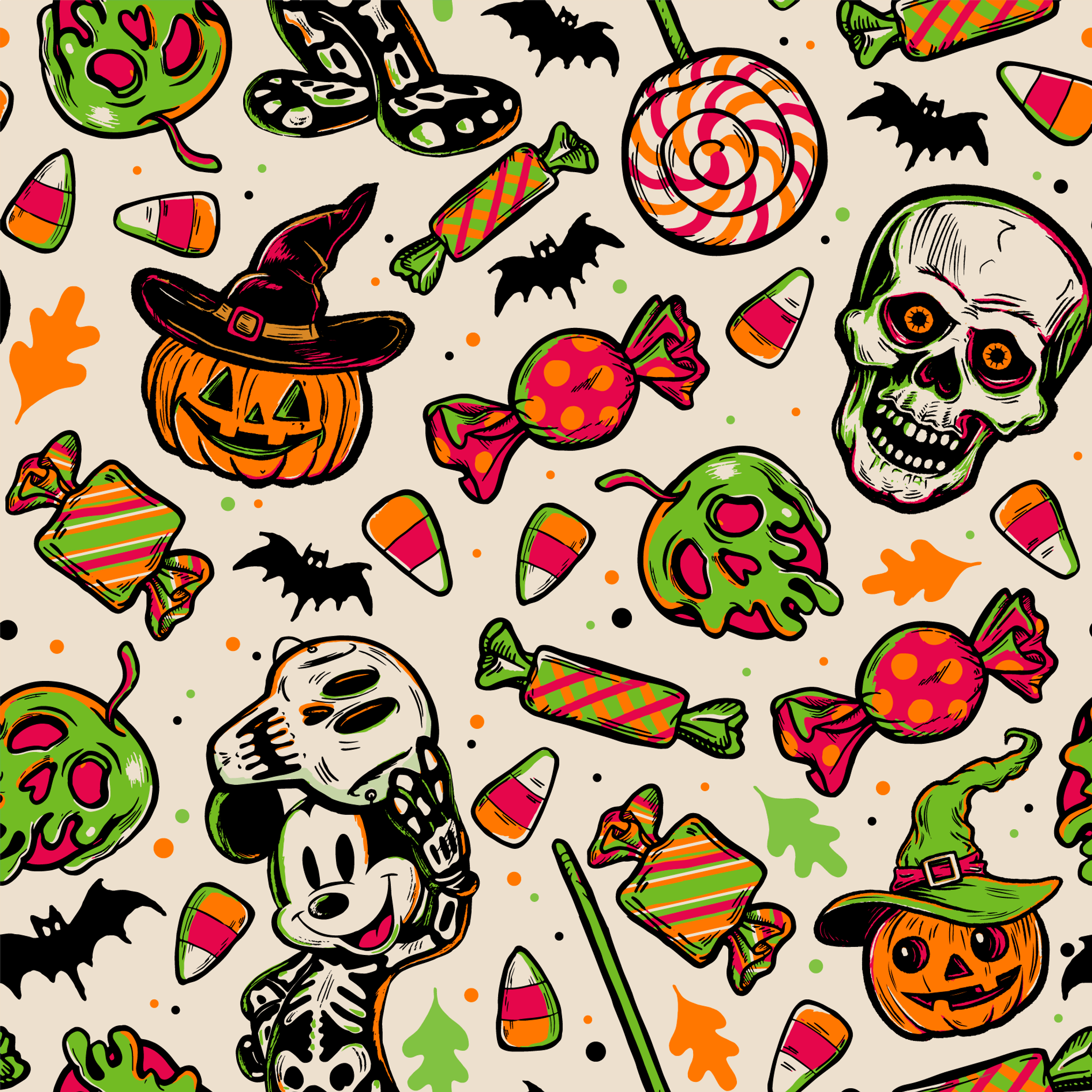 Halloween pattern with skulls, pumpkins, candy corn, wrapped candies, lollipops, bats, and autumn leaves on cream background tiled preview square