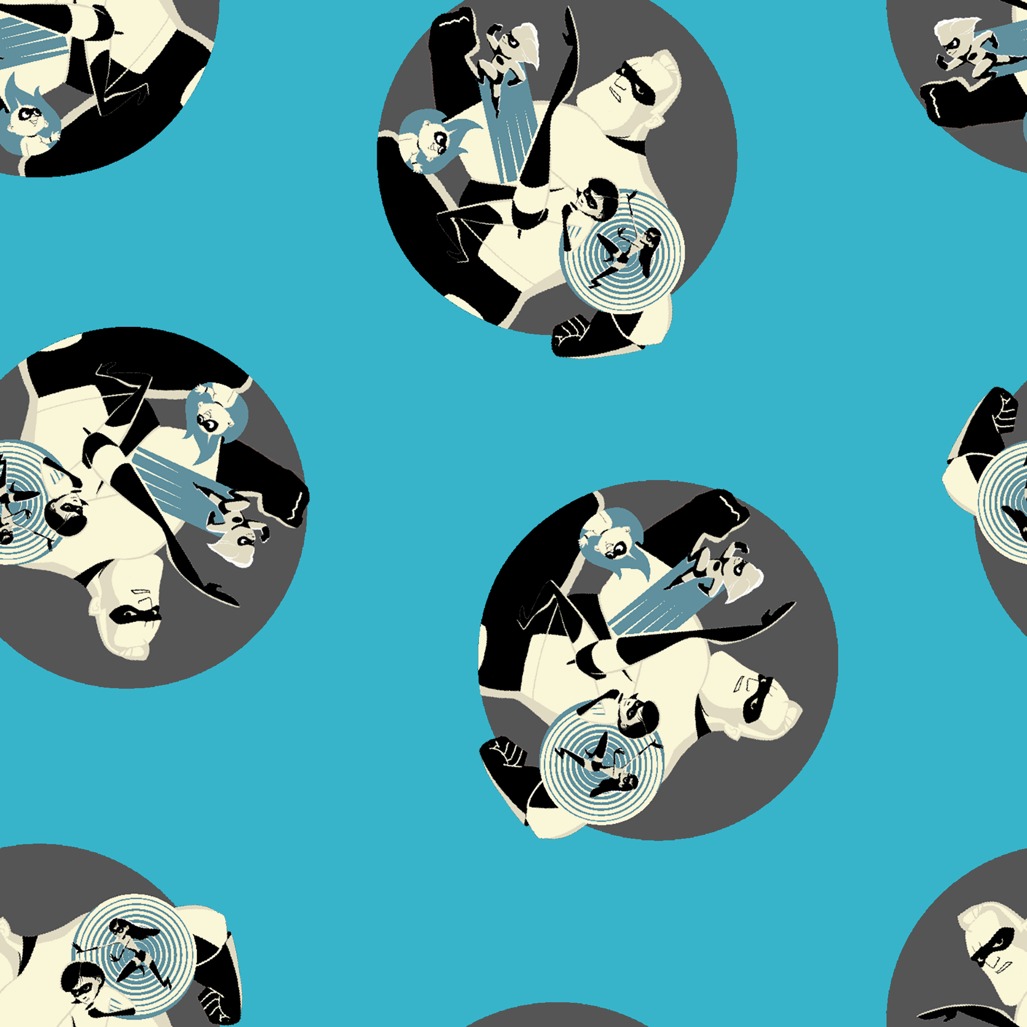 Repeating circular pattern of The Incredibles characters in gray circles on light blue background tiled preview square