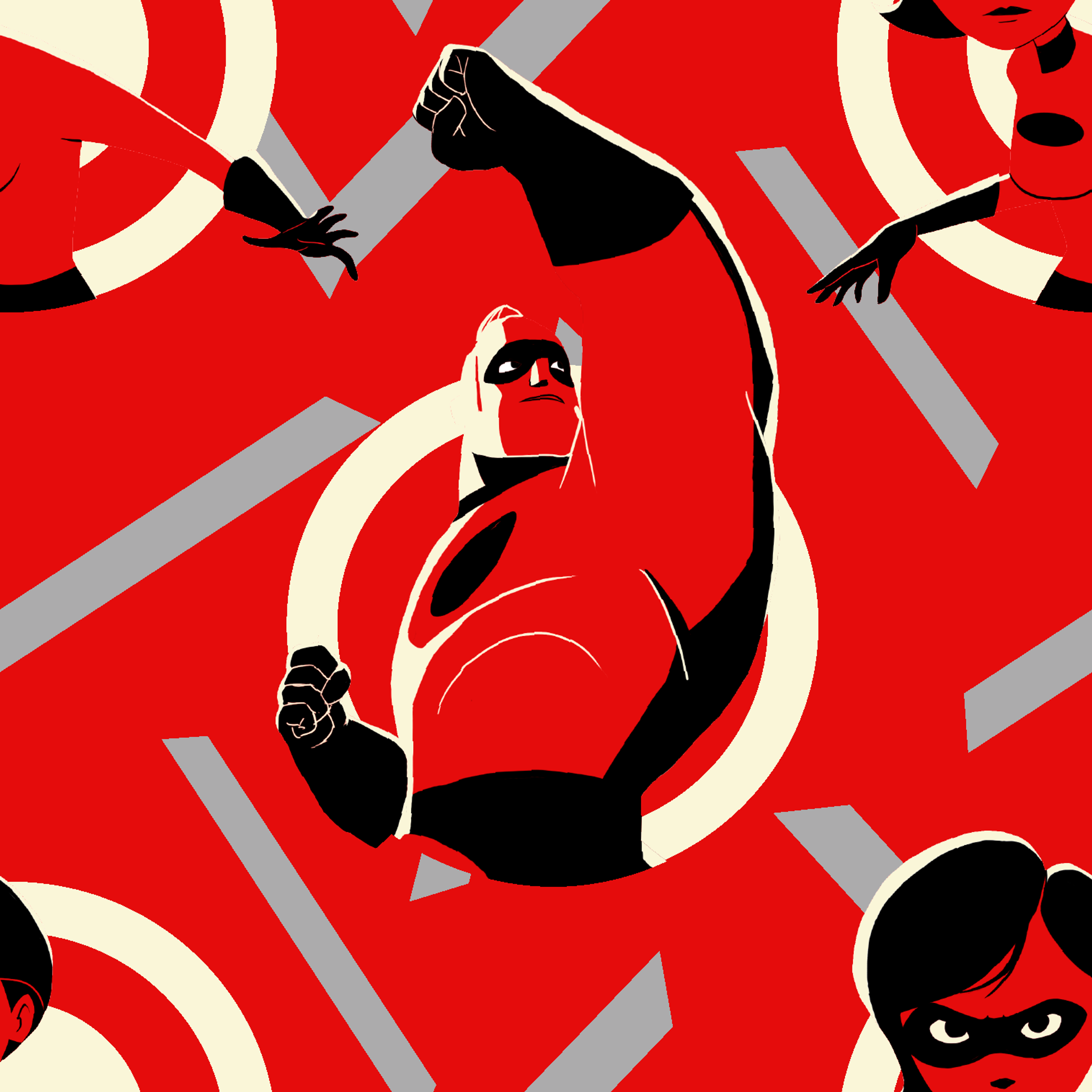Stylized Incredibles characters in red, black and white with a dynamic pose against spiral background pattern. tiled preview square