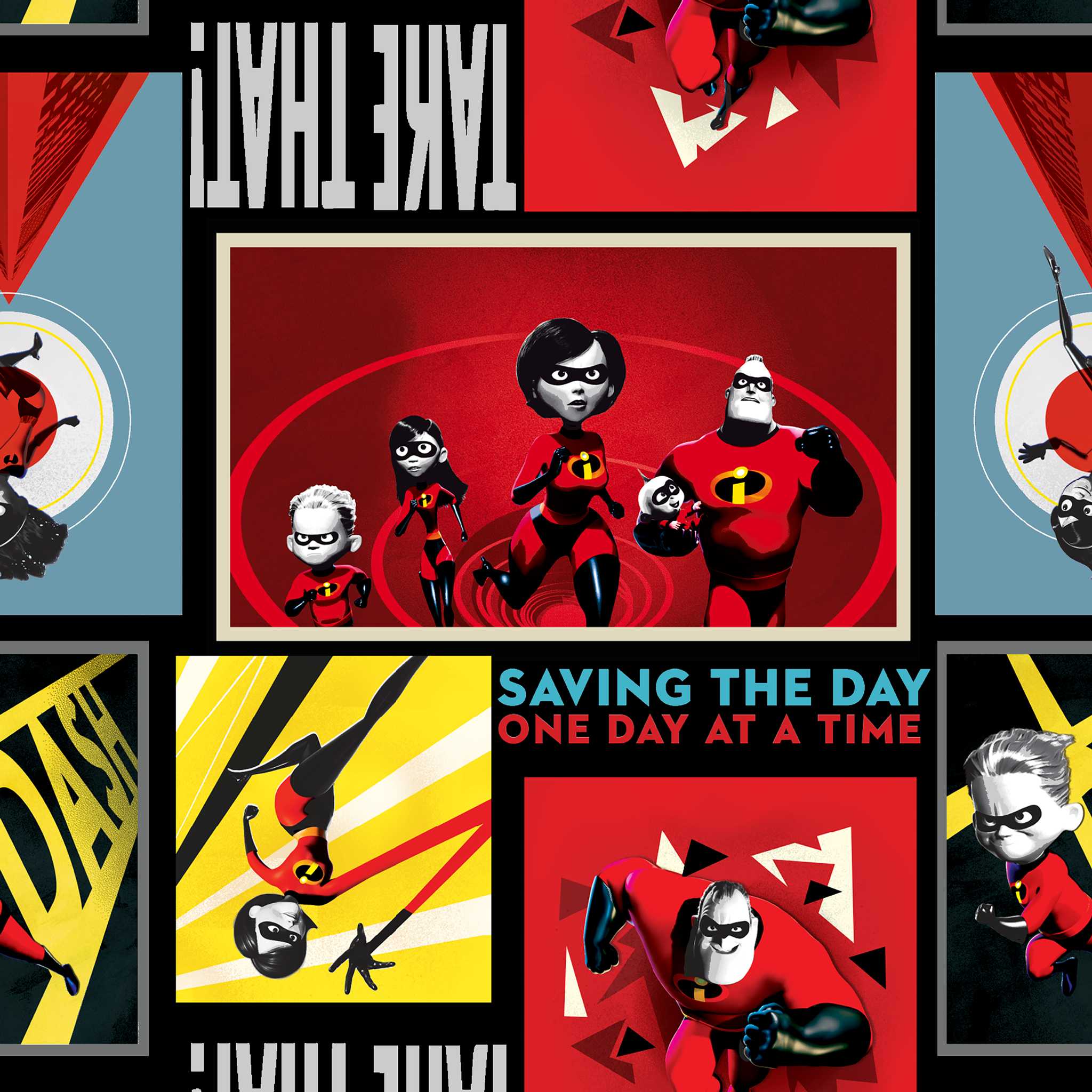 Incredibles superhero family comic style artwork with "Saving the Day One Day at a Time" text tiled preview square