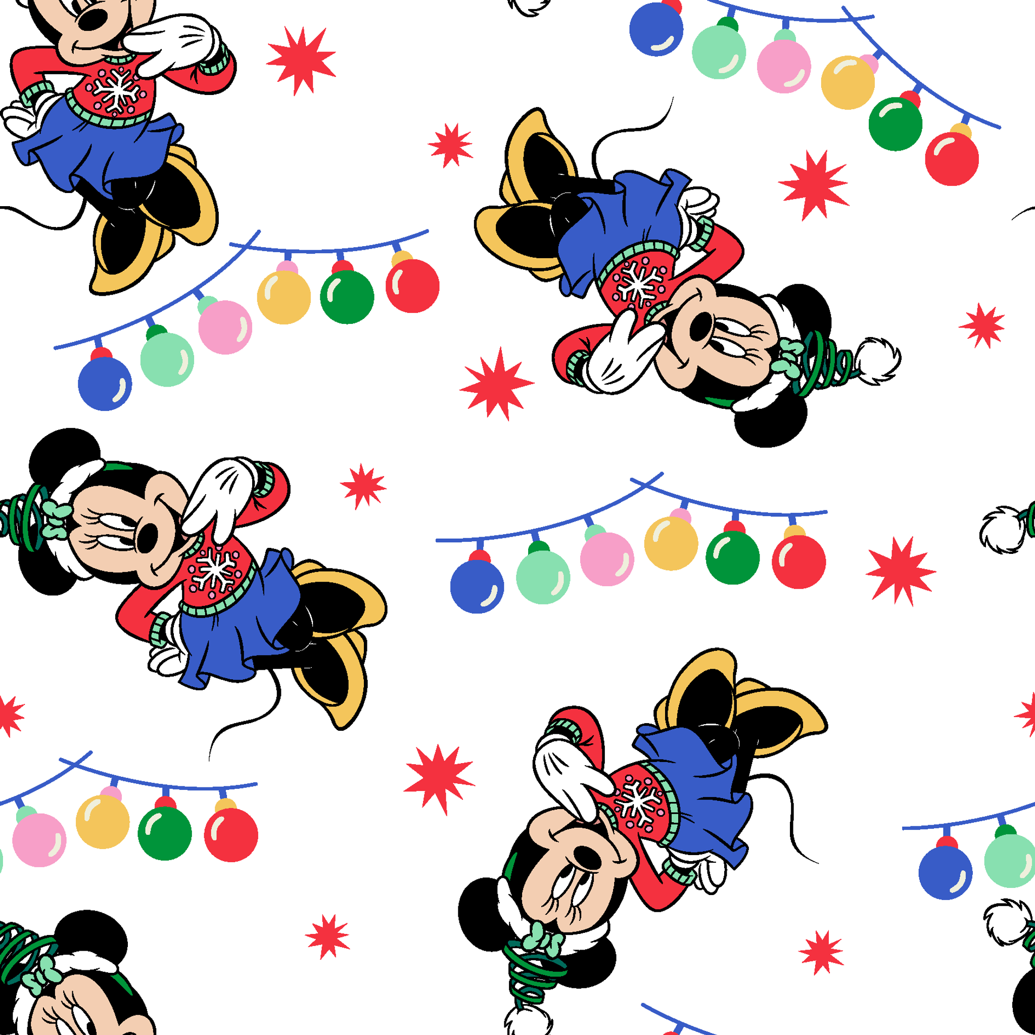 Minnie Mouse in Santa hats with blue outfits surrounded by colorful string lights and red stars on white background tiled preview square