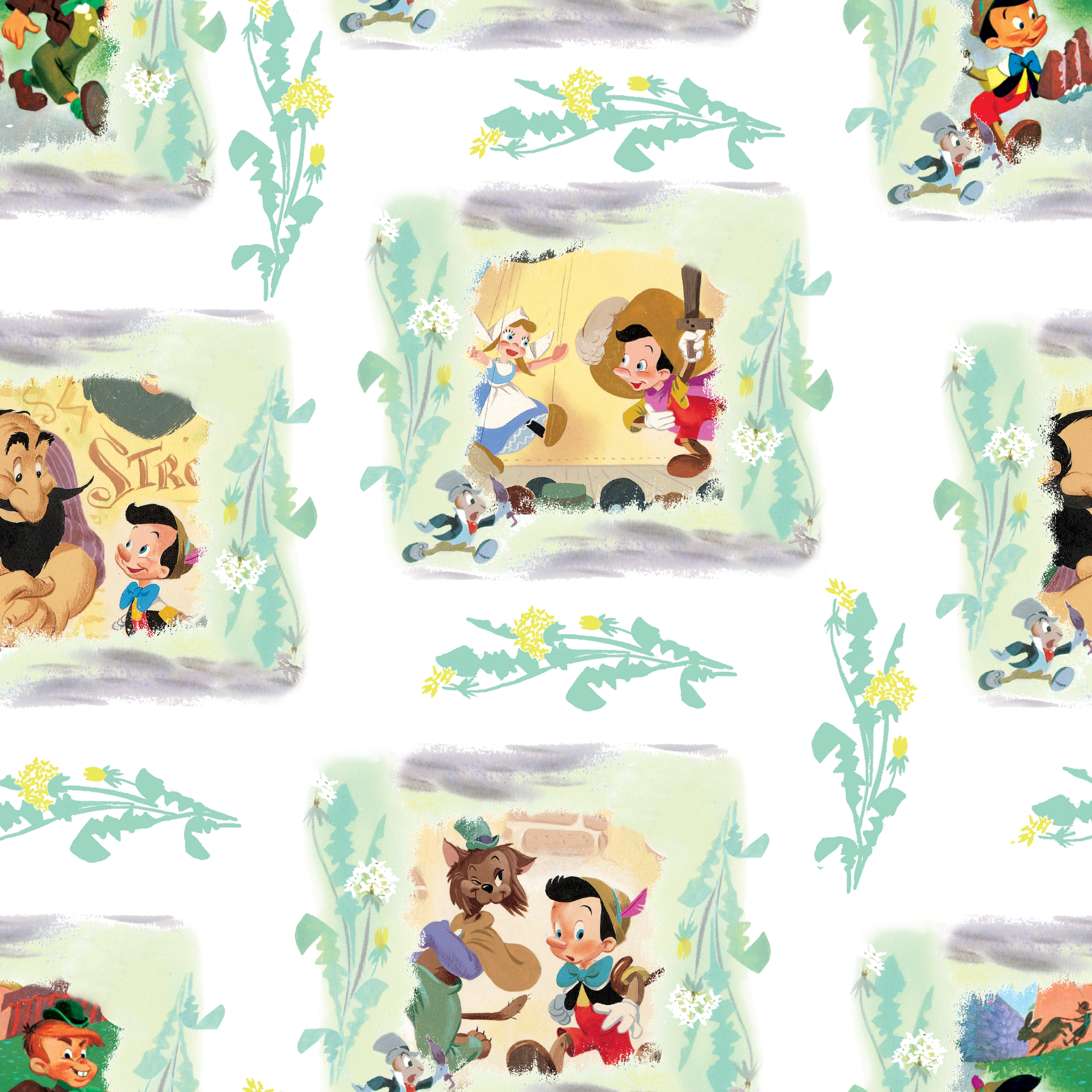 Cartoon pattern featuring Pinocchio characters in framed scenes with decorative greenery on white background tiled preview square