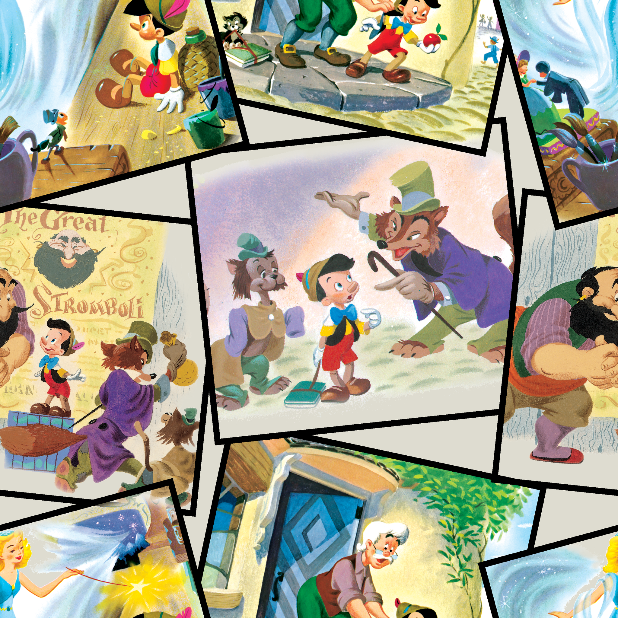 Colorful collage of Pinocchio scenes showing the wooden puppet, Geppetto, and other characters from the classic fairy tale. tiled preview square