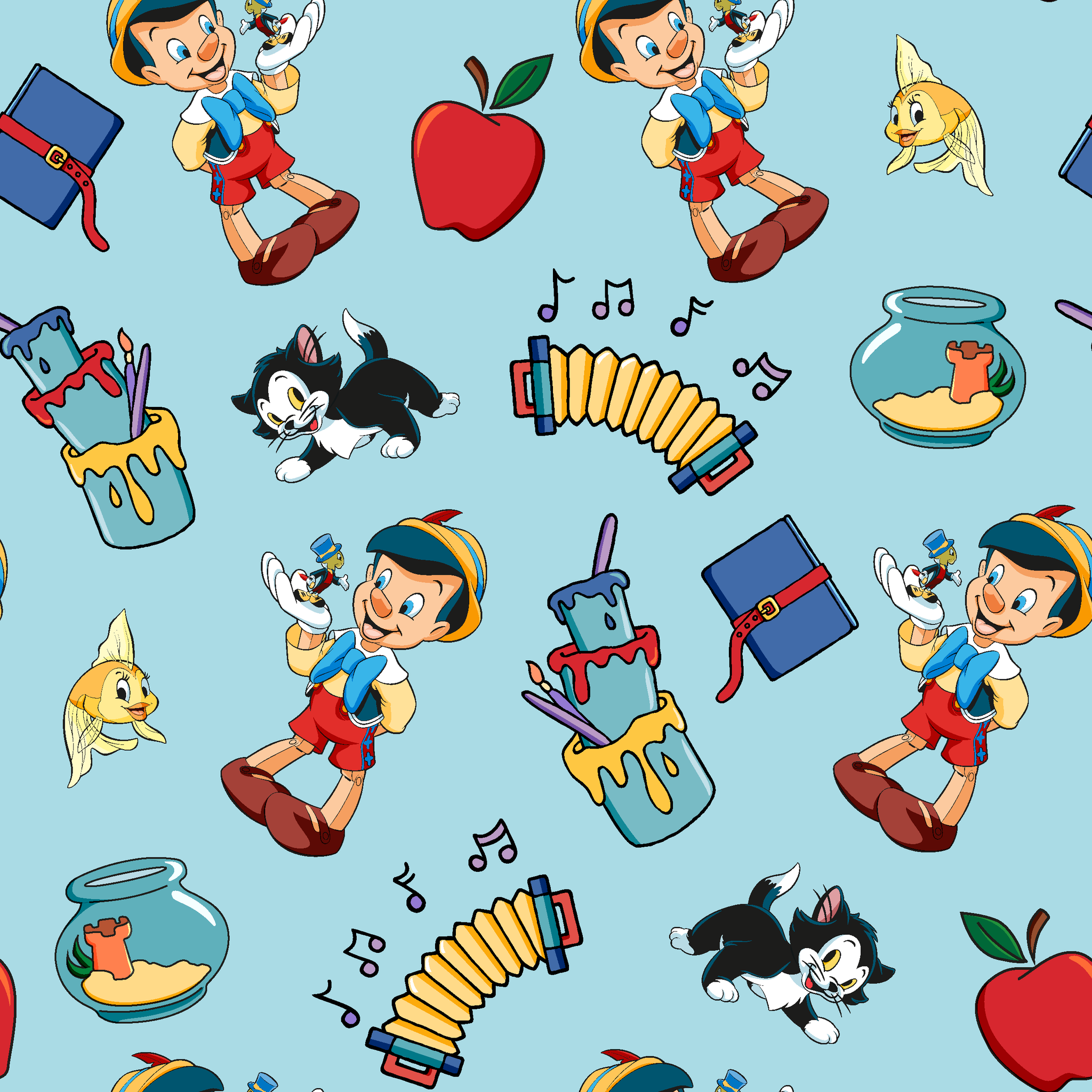 Cartoon pattern with wooden puppets, red apples, musical notes, goldfish bowls, cats, and books on light blue background tiled preview square