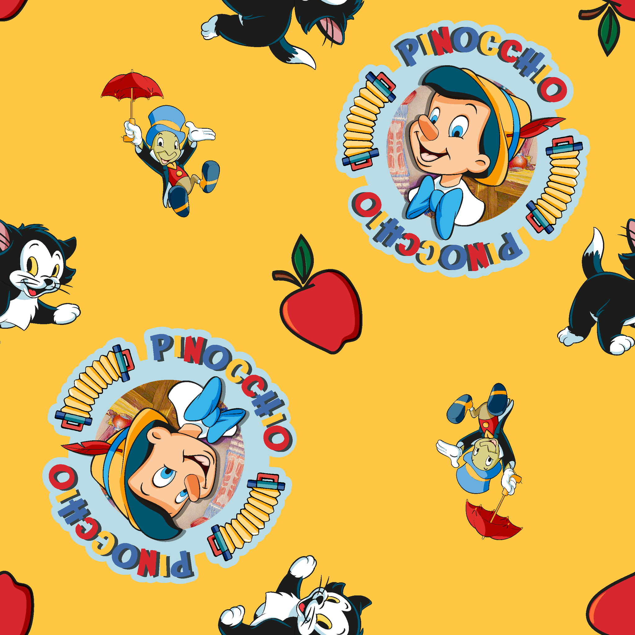 Pinocchio and Disney character pattern on yellow background with circular logos and red apples tiled preview square
