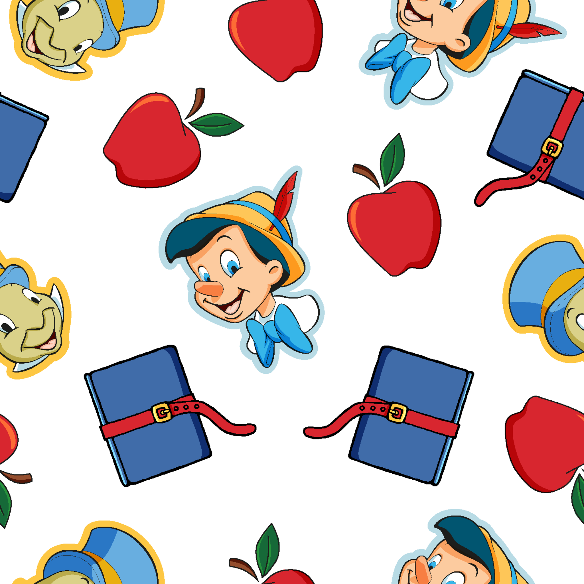 Pattern with cartoon character in pointed hat with blue bow, red apples, blue books with red straps, and yellow circular elements on white background tiled preview square