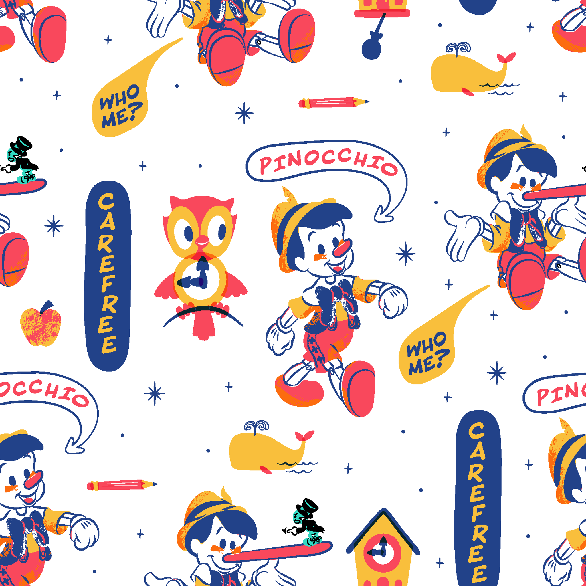 Colorful cartoon pattern featuring Pinocchio characters, whales, and text elements on white background tiled preview square