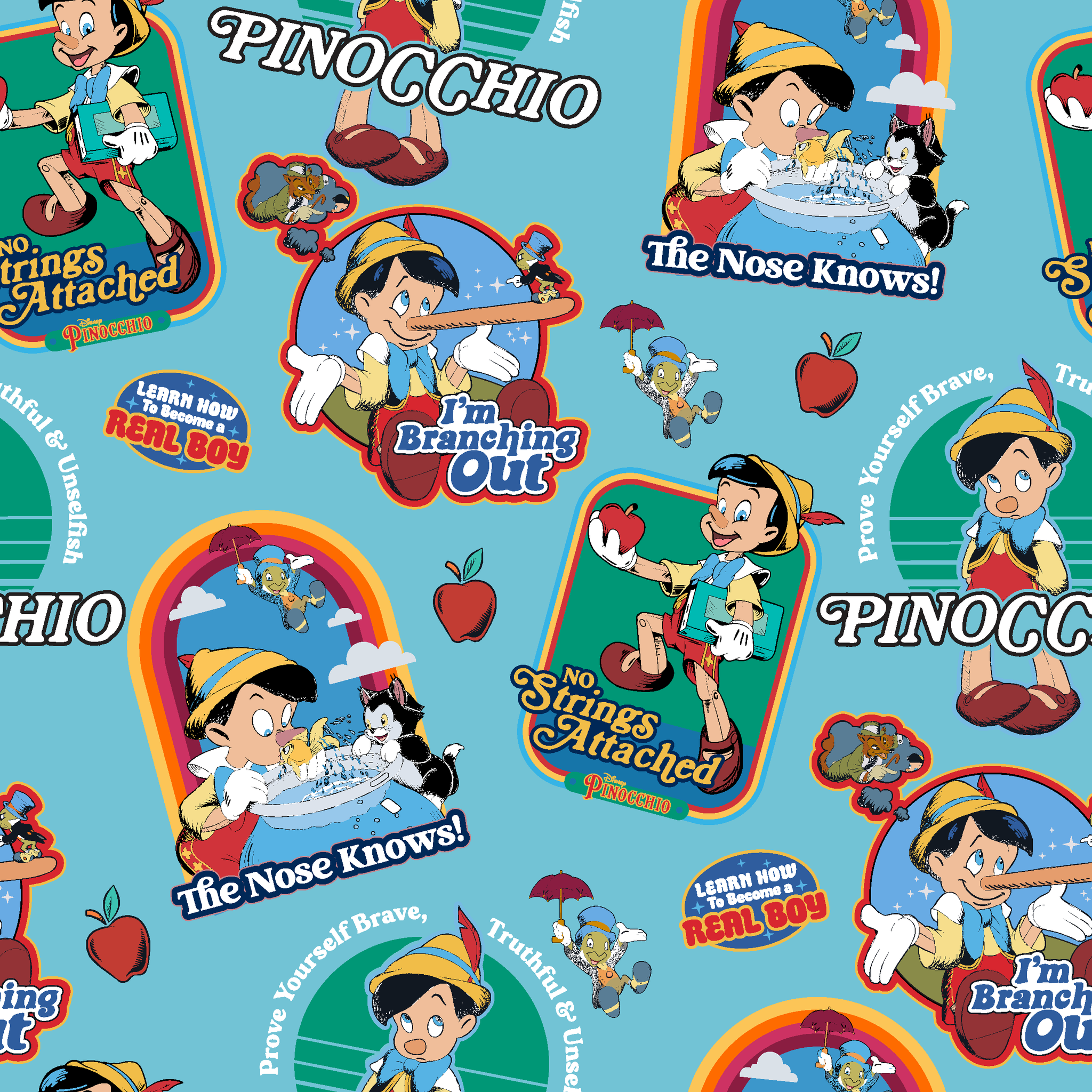 Colorful Pinocchio cartoon pattern featuring puppet characters, slogans, and red apples on teal background tiled preview square