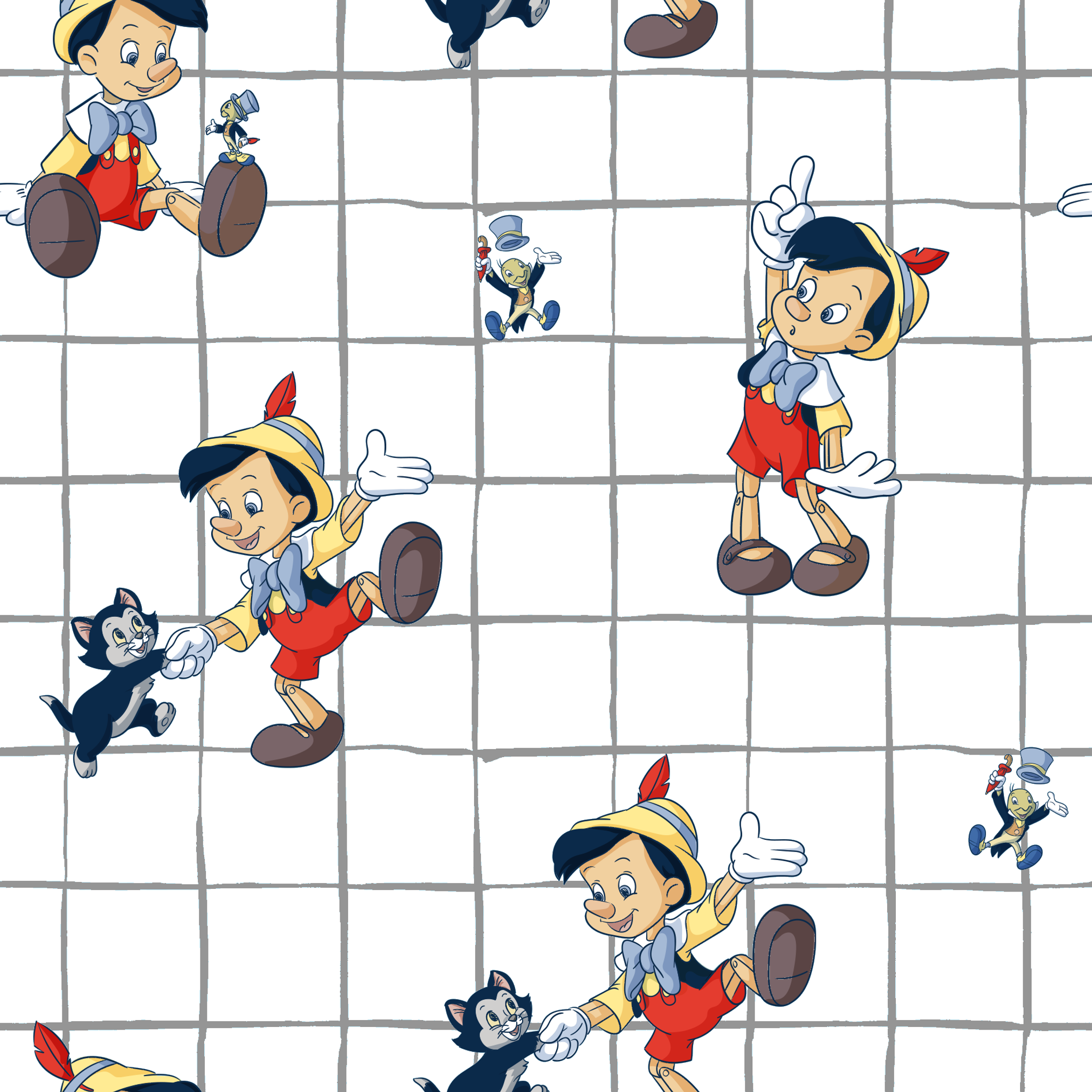 Classic cartoon puppets with red shorts, yellow hats on white grid pattern with small black cat figures tiled preview square