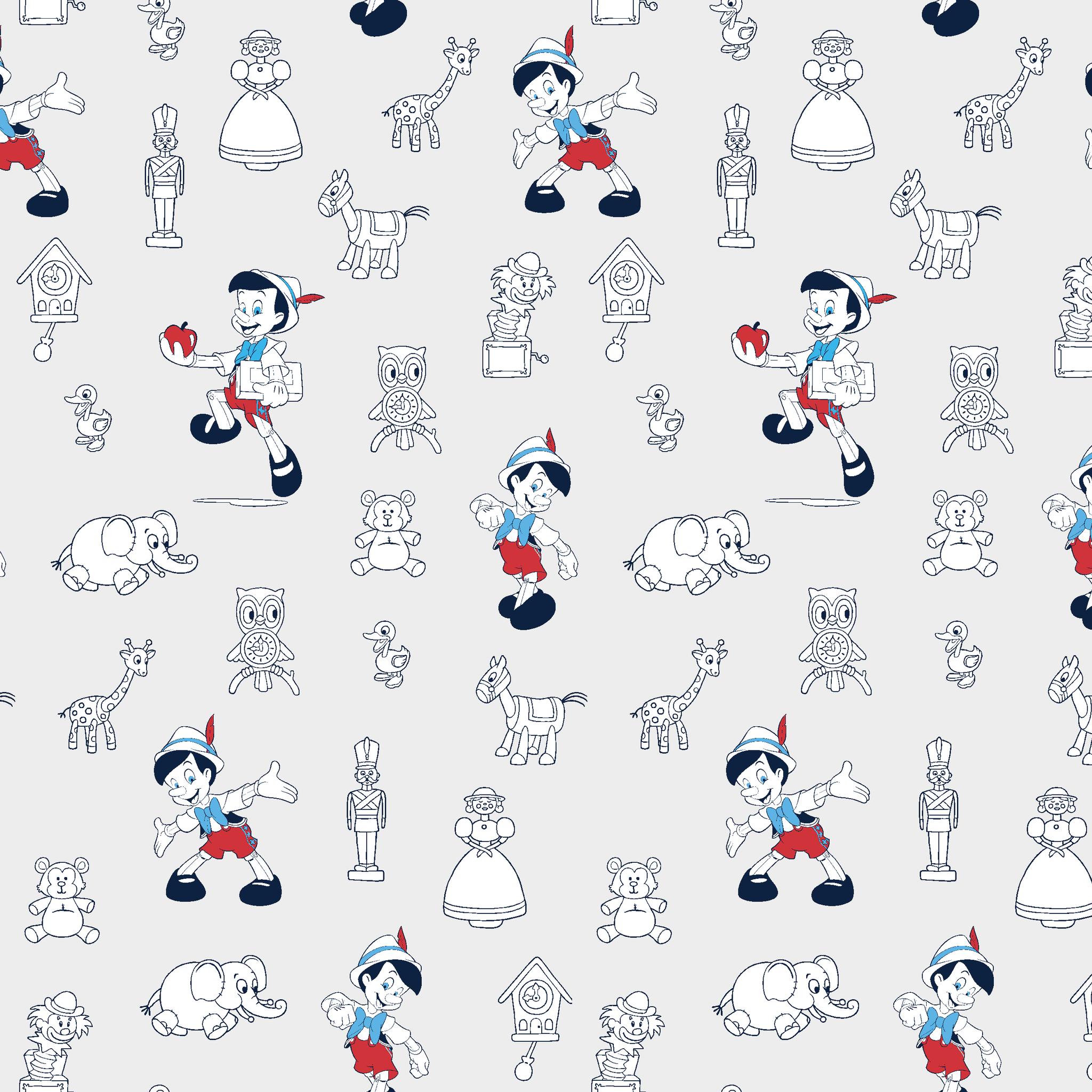 Pattern of vintage cartoon characters including Pinocchio and assorted animals on a light background with red and blue accents tiled preview square