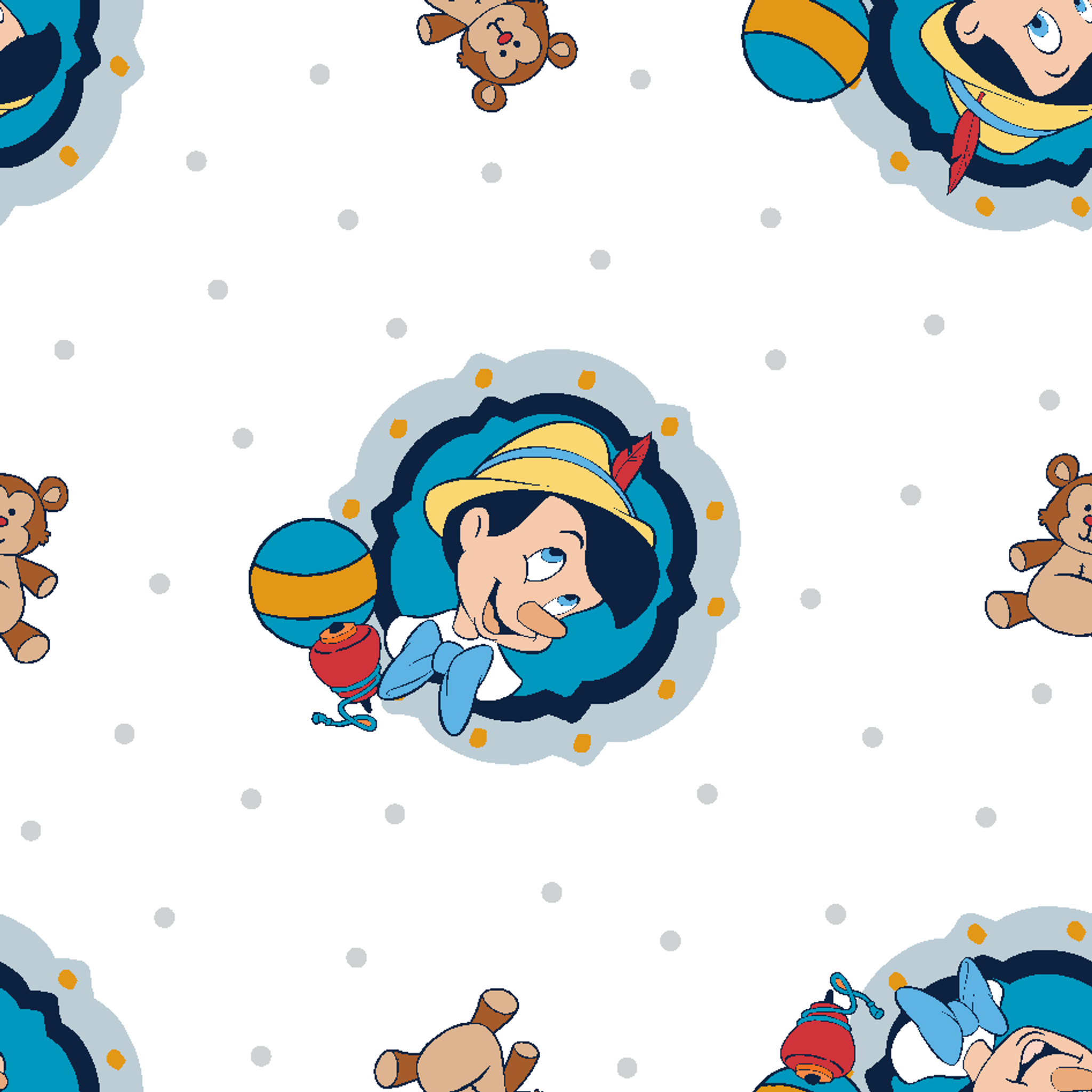 Repeating pattern of cartoon character in blue circle with teddy bears and colorful balls on light dotted background tiled preview square