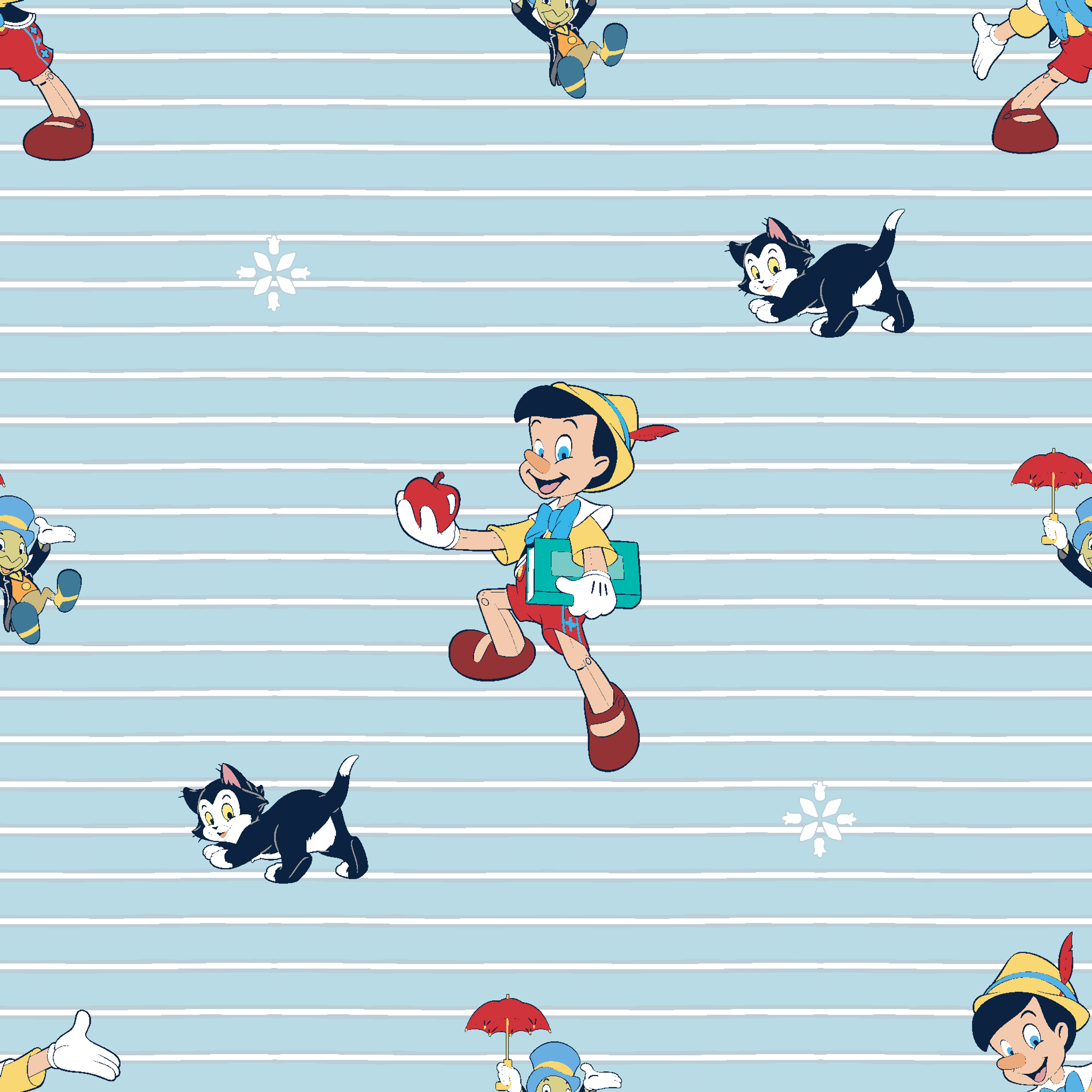 Cartoon pattern with boy character holding apple, black kittens, snowflakes on light blue striped background tiled preview square