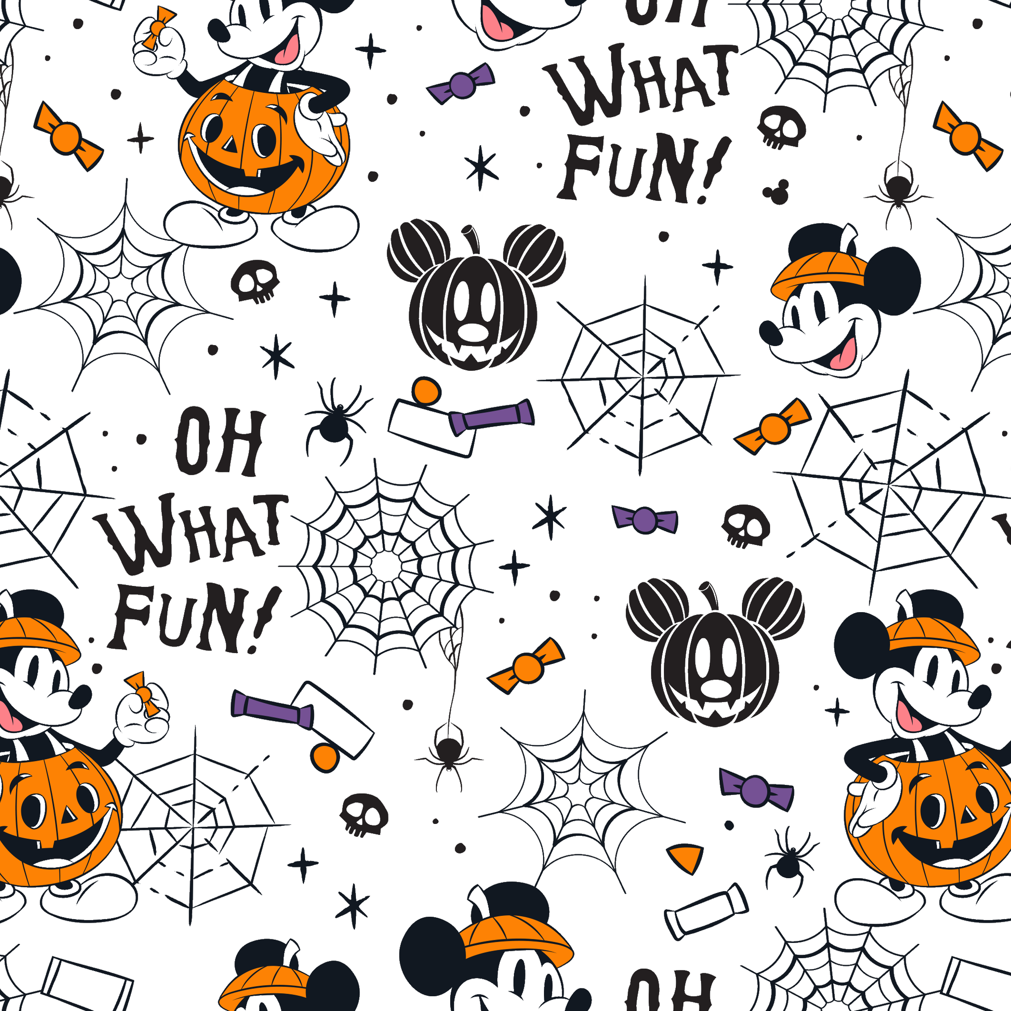 Halloween-themed cartoon pattern with Mickey Mouse characters, pumpkins, spider webs, and "OH WHAT FUN!" text on white background tiled preview square