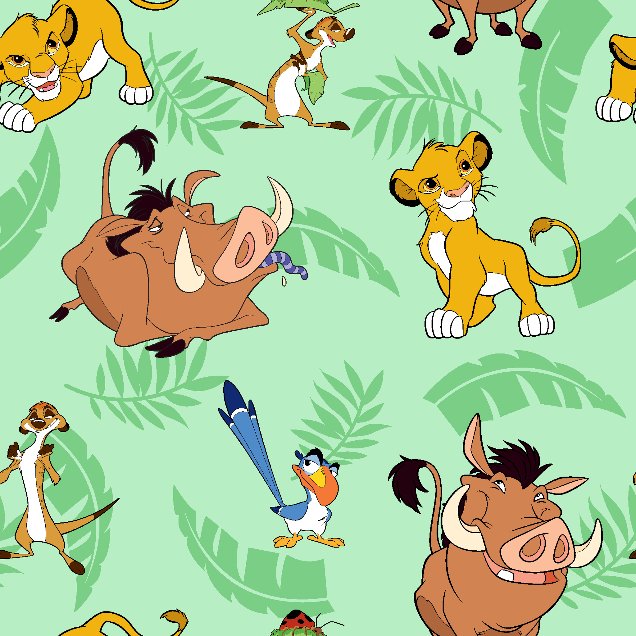 A repeating pattern of Lion King characters - Simba, Timon, Pumbaa, and Zazu on a light green leafy background. tiled preview square