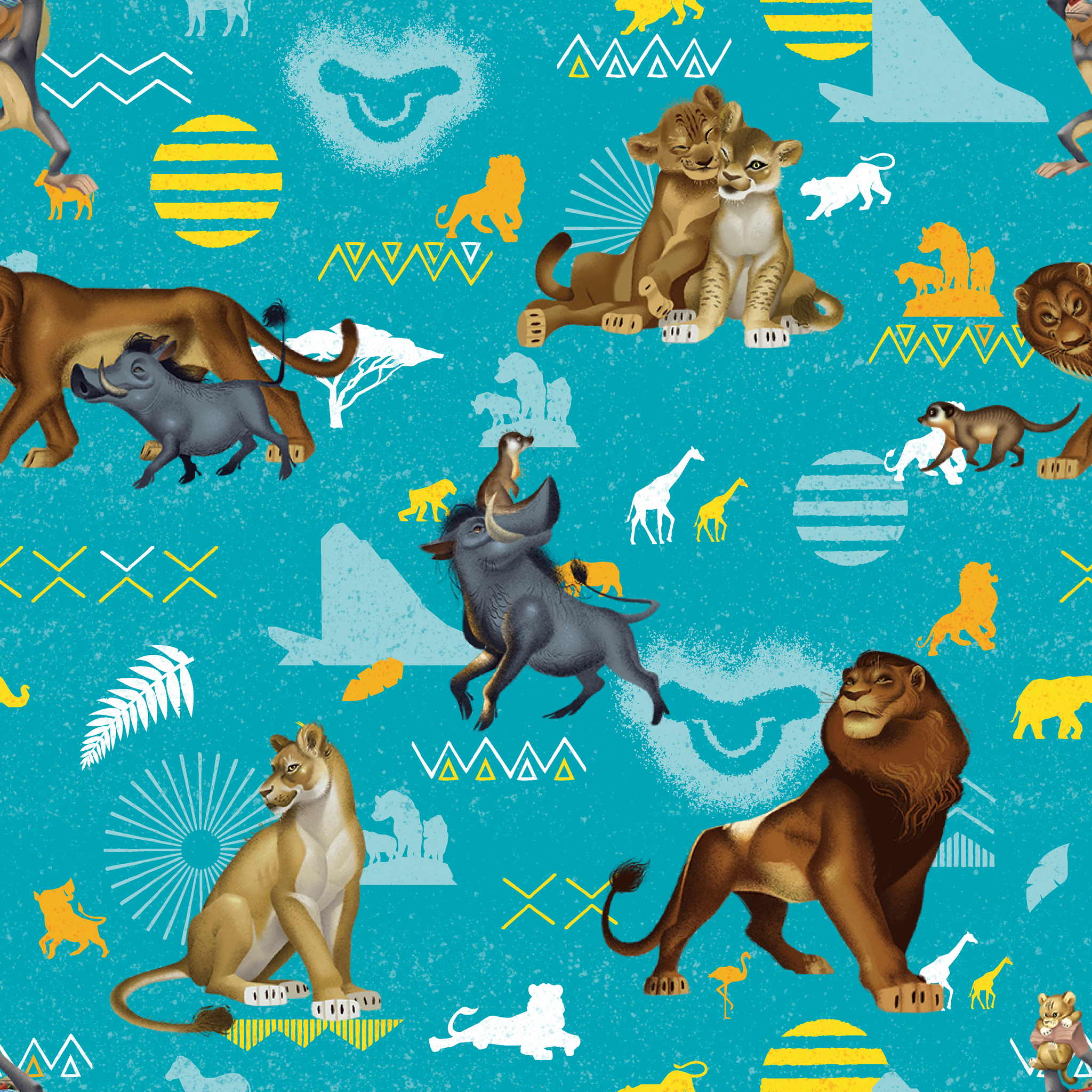 Animated lions pattern on turquoise background with geometric shapes and tribal designs tiled preview square