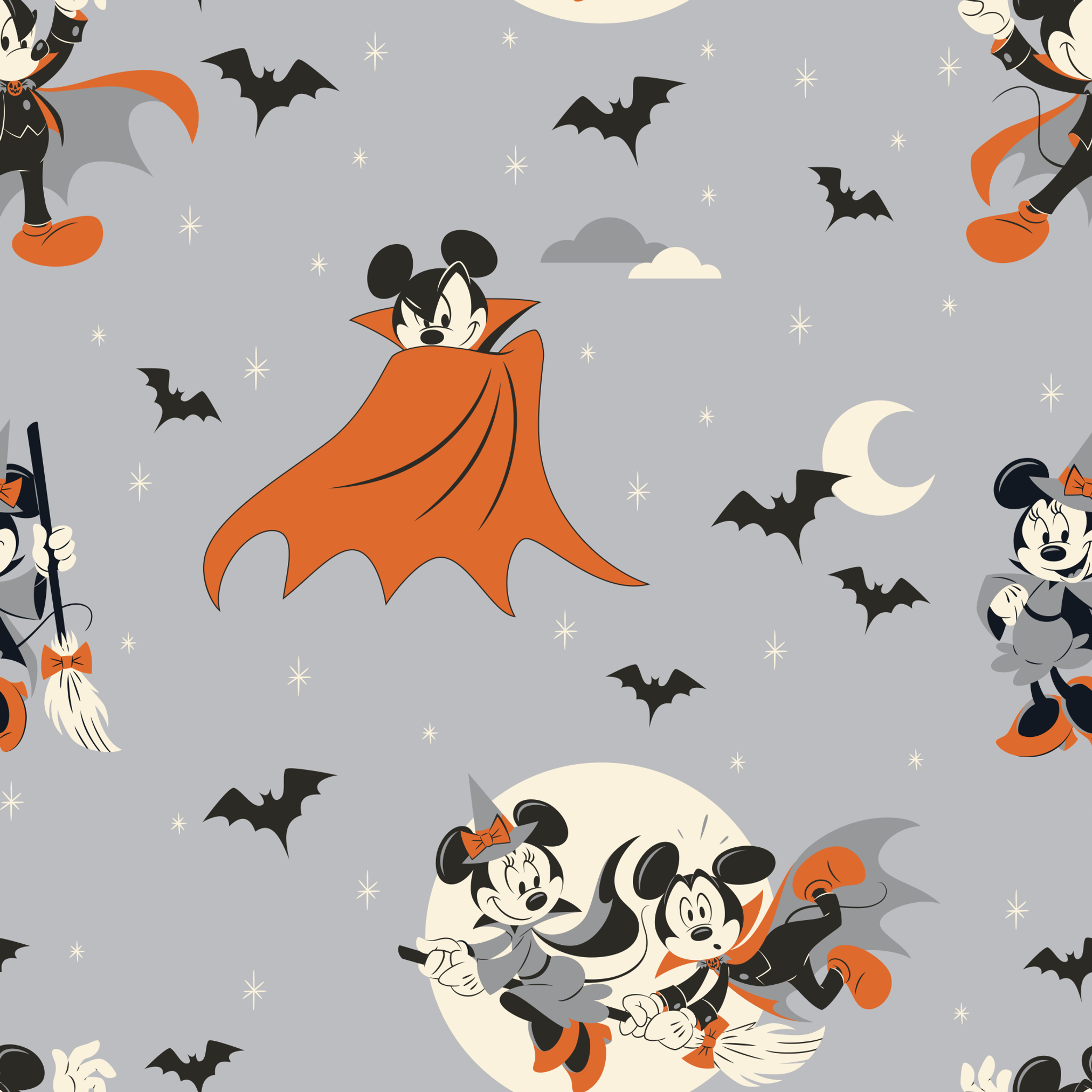 Mickey and Minnie Mouse in Halloween costumes on gray background with bats and moons, orange capes and spooky theme. tiled preview square