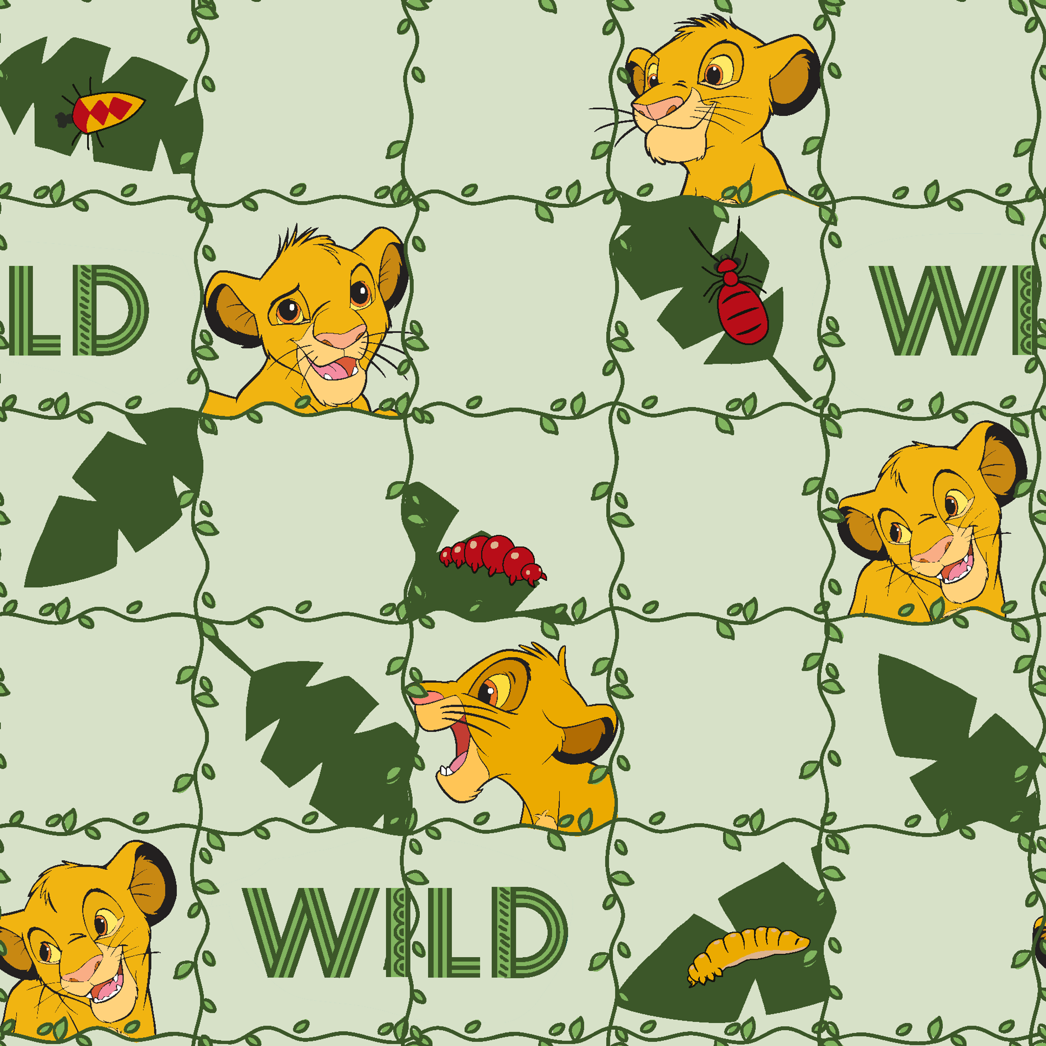Young cartoon lion cubs with tropical leaves and "WILD" text on light green background pattern tiled preview square