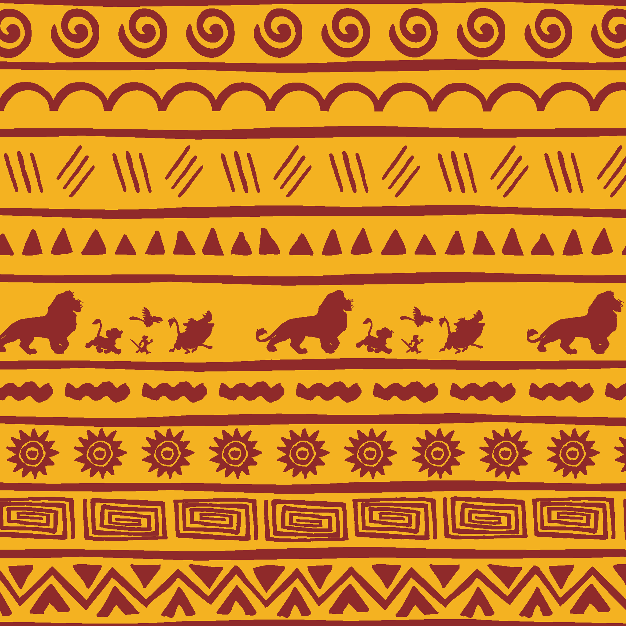 Traditional African pattern in yellow and maroon with spirals, lions, geometric designs, and sun symbols arranged in horizontal bands tiled preview square