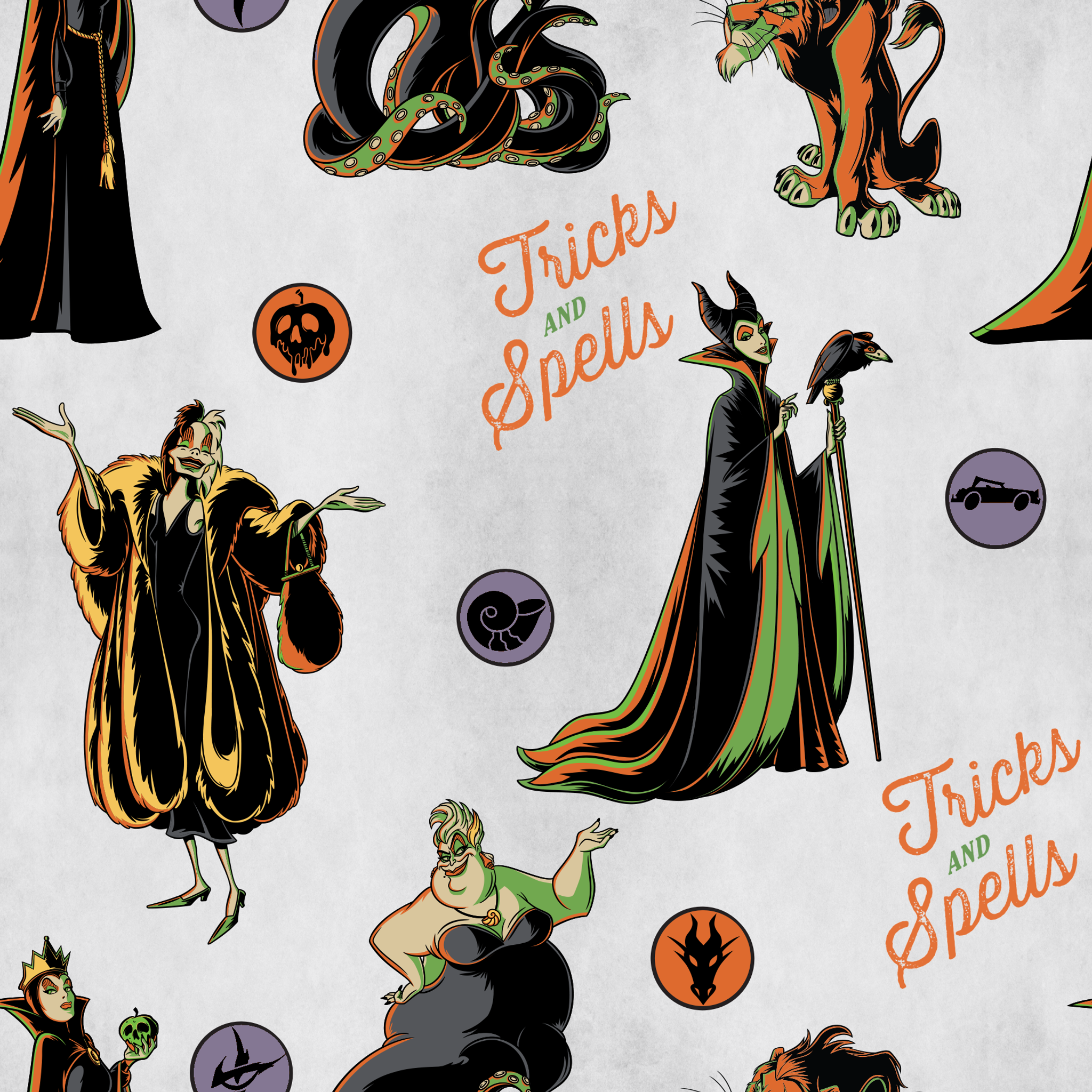 Halloween pattern with Disney villains, spells text, and magical symbols on light background tiled preview square