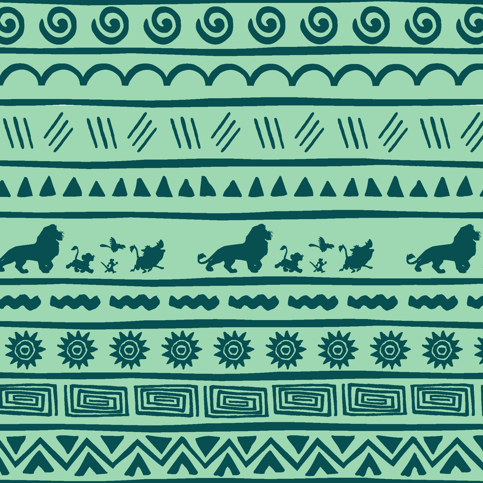 Traditional African-inspired pattern in dark teal on mint green with lions, spirals, triangles, and geometric motifs tiled preview square