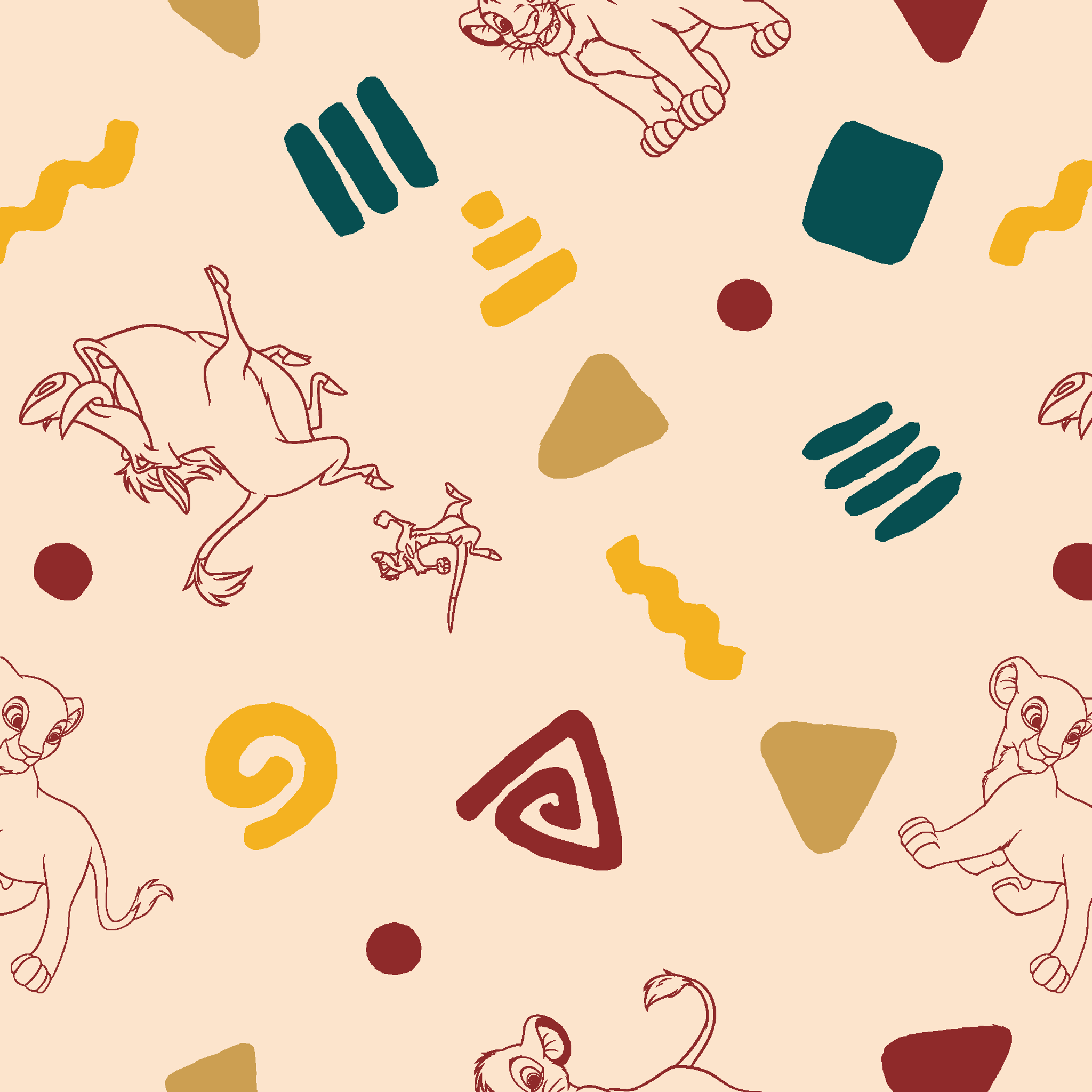 Abstract pattern with line art animal sketches, geometric shapes in teal, yellow, and burgundy on beige background tiled preview square