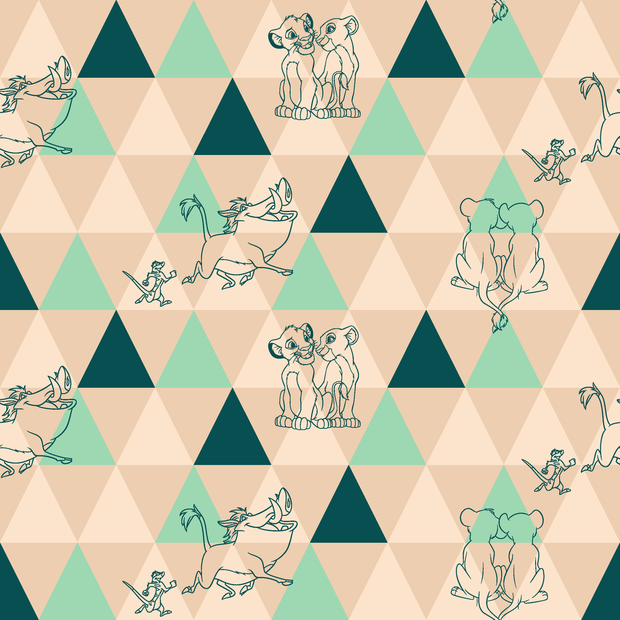 Geometric triangle pattern with stylized animal illustrations in teal and beige, featuring dogs, elephants, and other creatures. tiled preview square